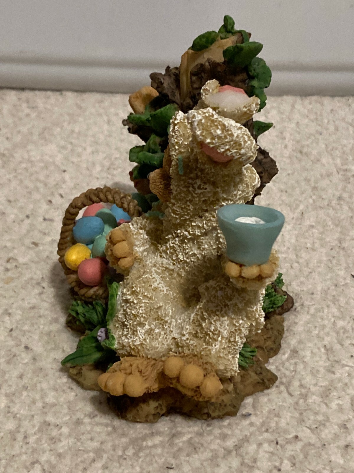 Anthropomorphic Ceramic Bear as Easter Bunny Figurine w/ Easter Egg Basket