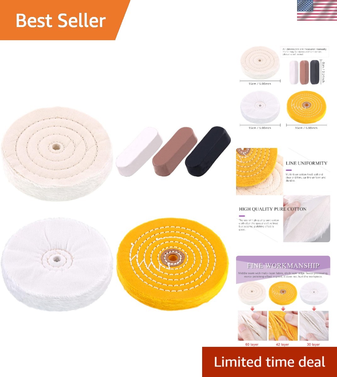 Versatile Buffing Wheel Set: 6-Inch Cotton & Flannel with 3 Polishing Compounds