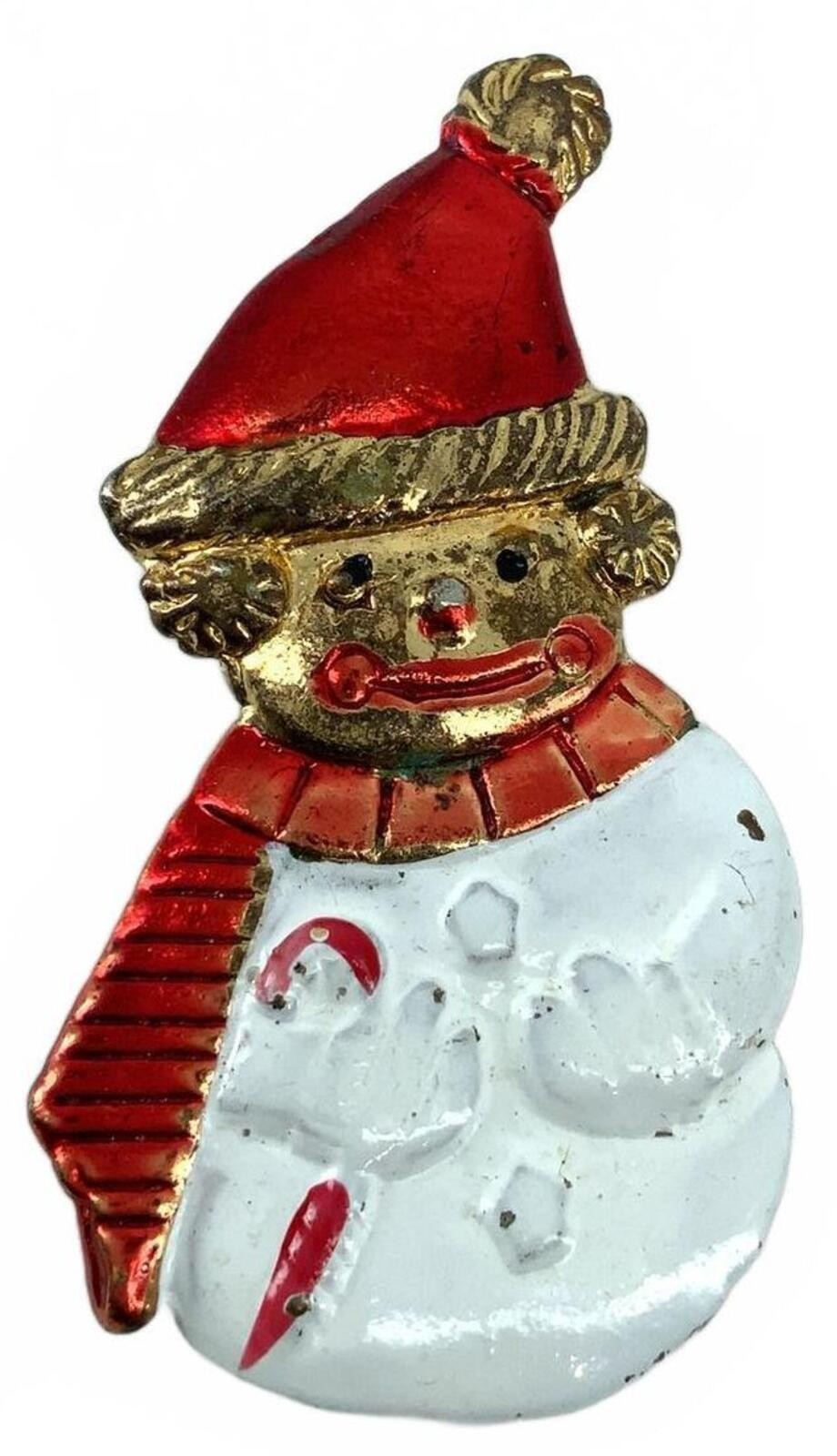 Vintage Enamel Snowman Christmas Brooch Goldtone Red Scarf Holiday Pin Small