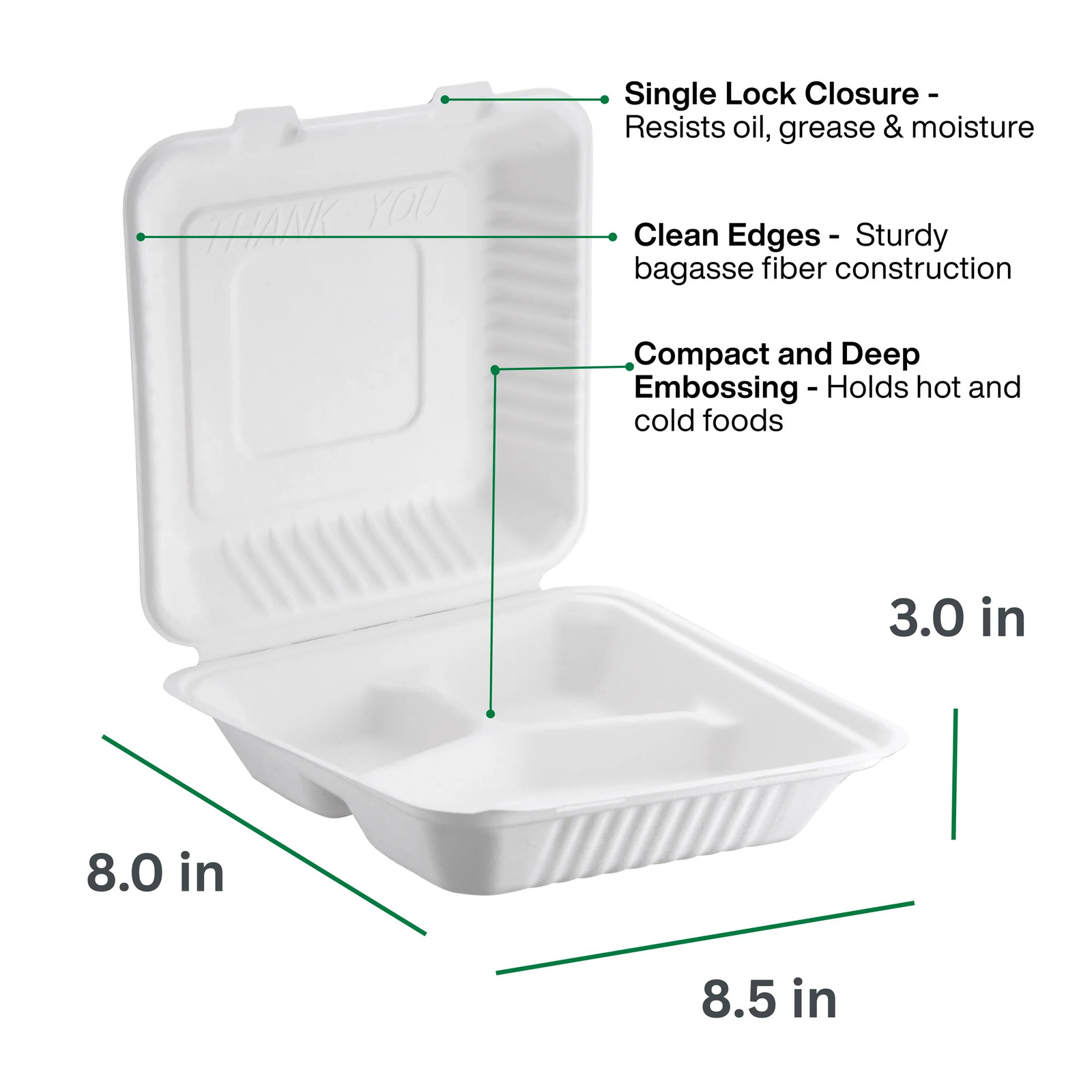 ProTakeOut, [8" x 8"] 3-Compartment Bagasse Hinged Containers | 200 Pack (100/2)
