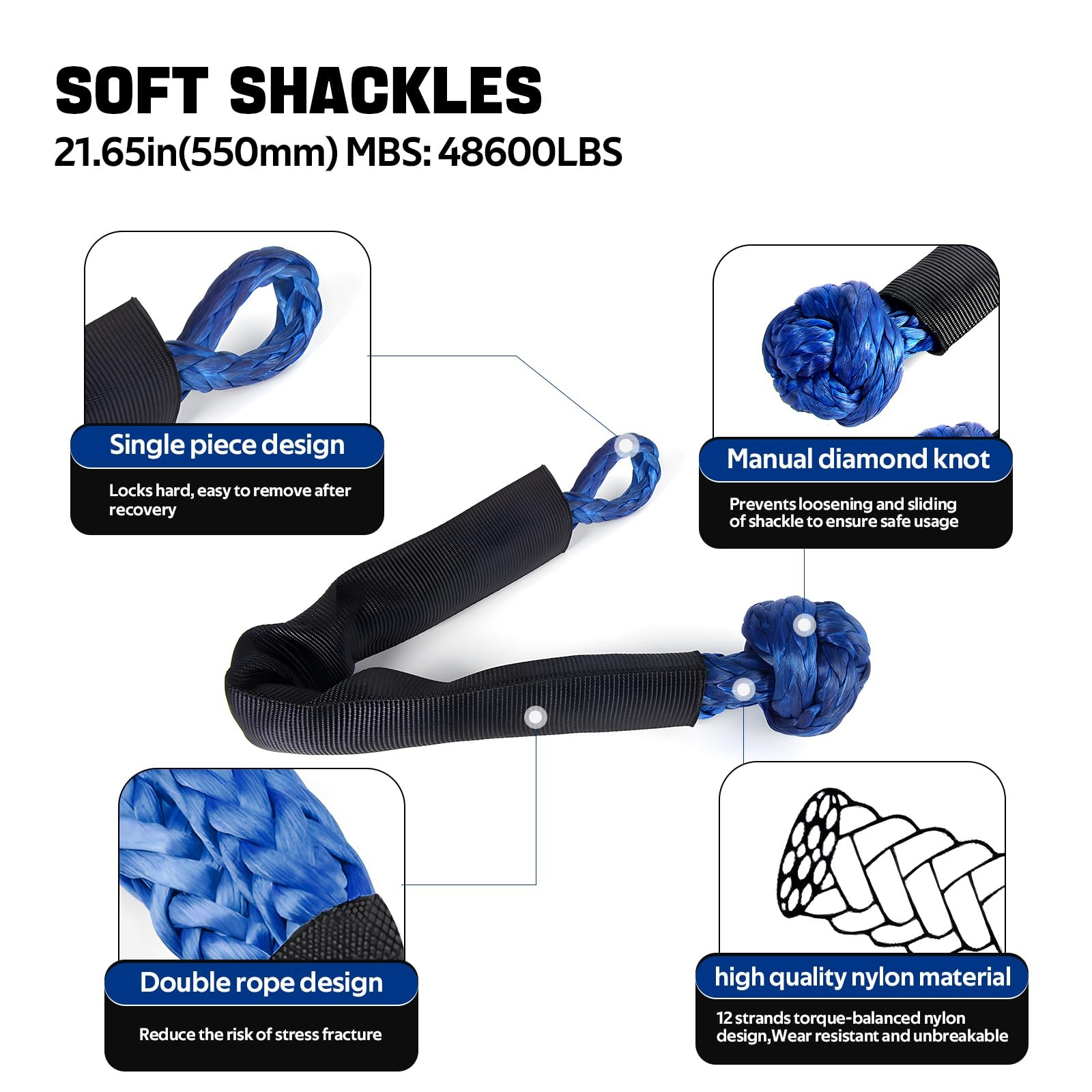 Aurorasters Kinetic Recovery Rope 1-1/8" x 20ft, 48600lbs Heavy Duty Kinetic ...