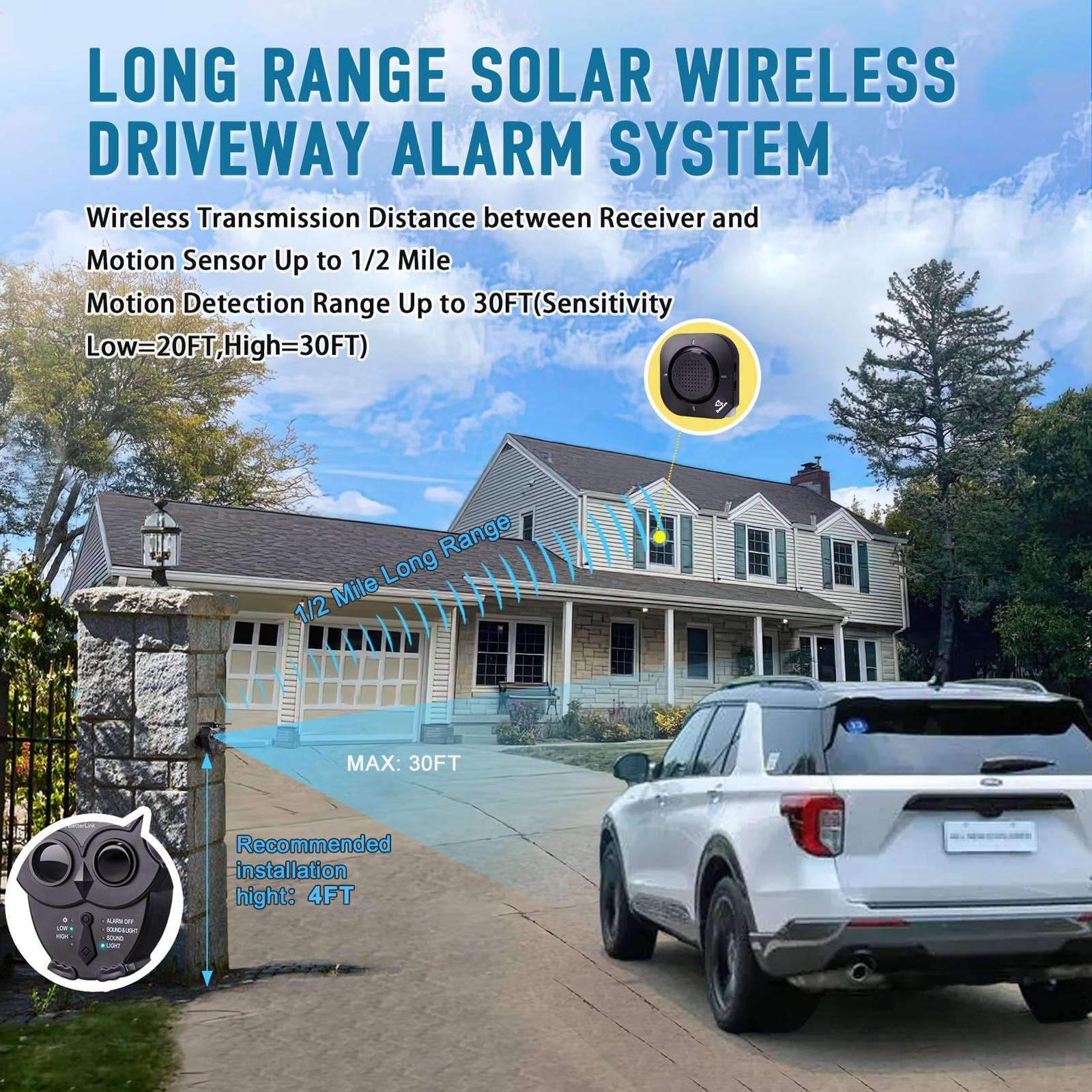 1/2 Mile Long Range Solar Wireless Driveway Alarm 1Receiver and 1Sensor