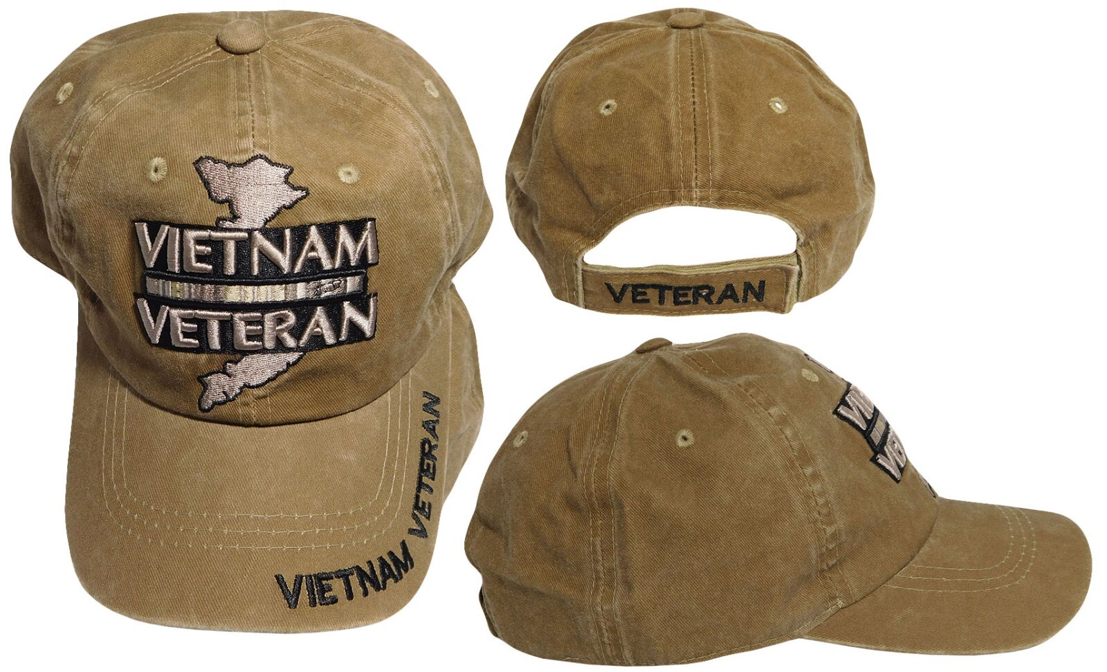 Vietnam Veteran Ribbon Map Khaki Tan Cotton Embroidered Cap Hat - Licensed