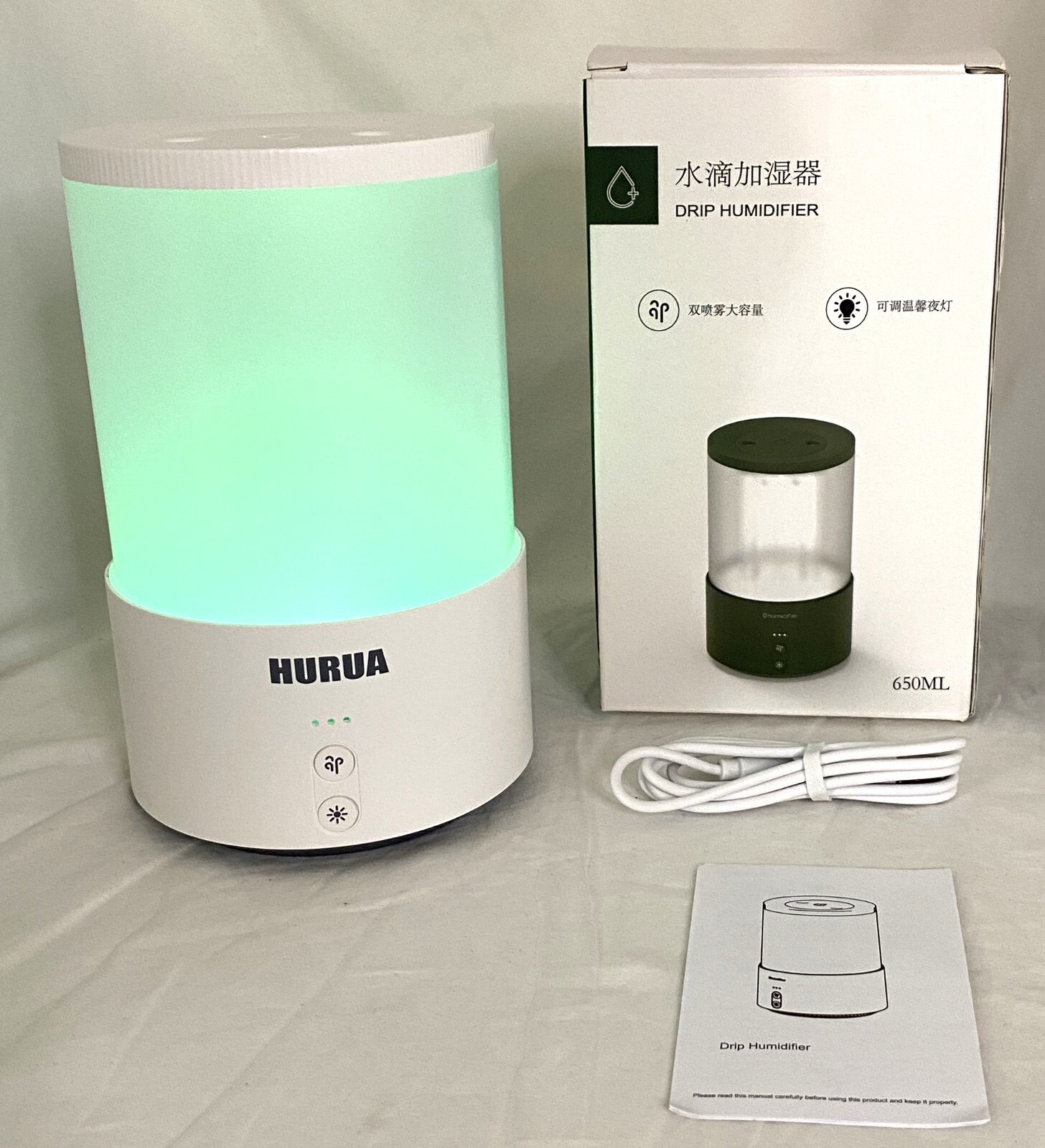 Portable Drip Humidifier- 650ML Adjustable Night Light USB Rechargeable