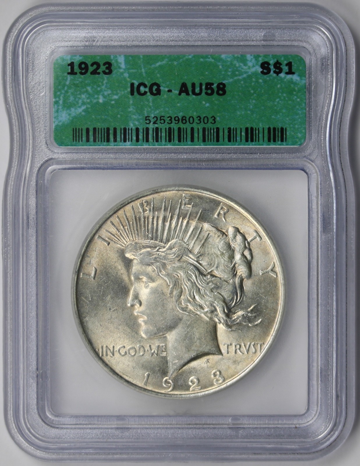 1923 Peace Dollar Silver $1 AU 58 ICG