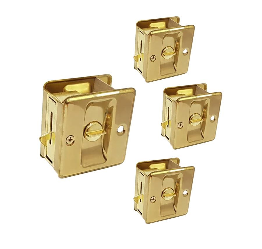 QCAA Solid Brass Sliding Door Pull Door Pocket, Polished Brass, Lockable, 4 Pack