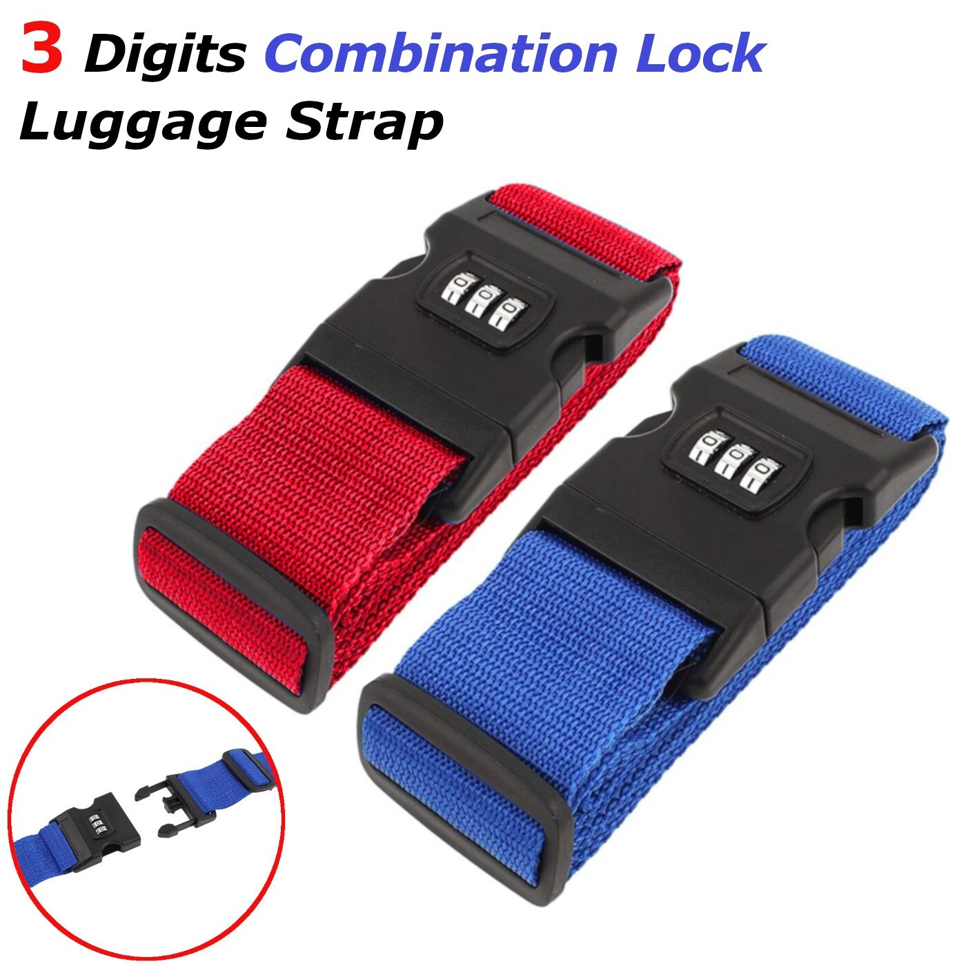 Release Buckle 3-Digit Combination Lock Adjustable Non Slip Travel Luggage Strap