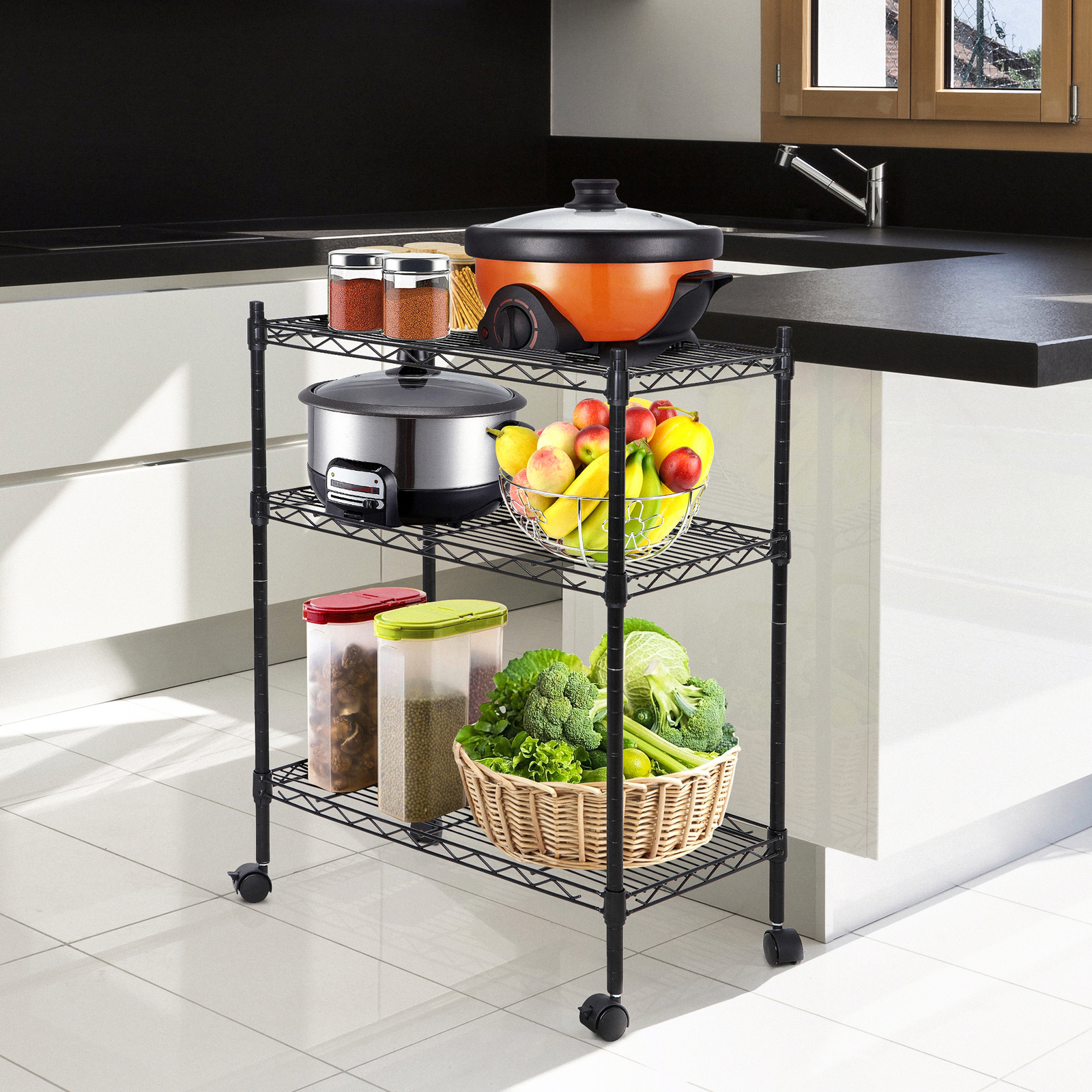 Unit Shelving Metal 3 Tier Wire Rack Organizer Adjustable Shelve with 4 Wheels