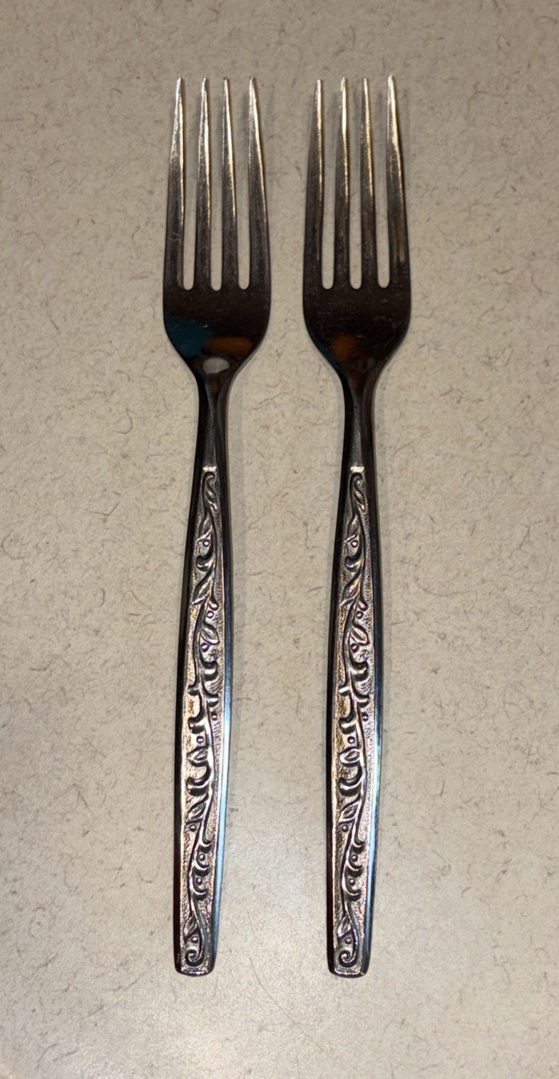2 Dinner Forks San Souci Stainless Utica Vine Scroll Glossy  7 1/2" USA