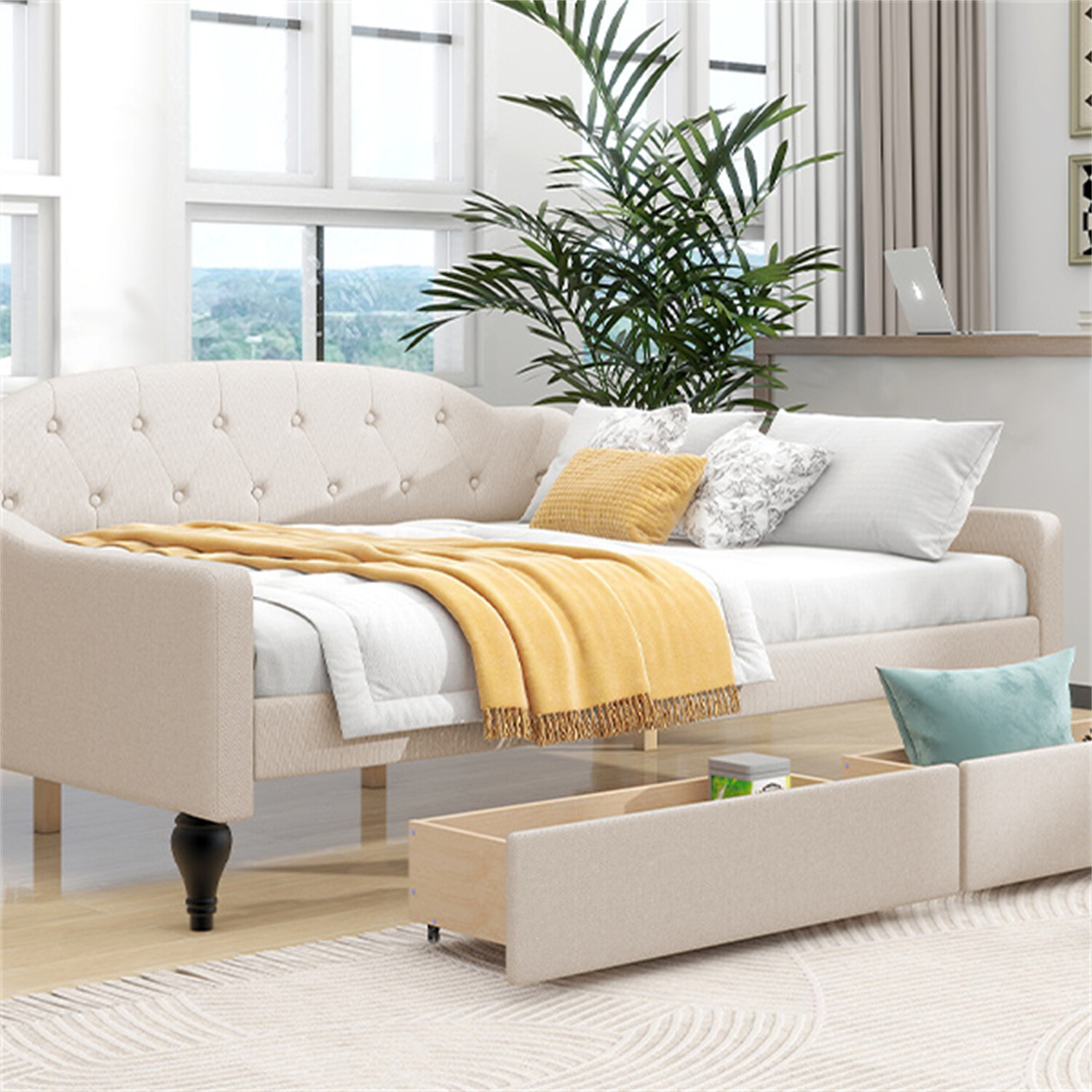 Full Size Daybed Upholstered Bed Frame Sofa Bed with 2 Storage Drawer Beige US