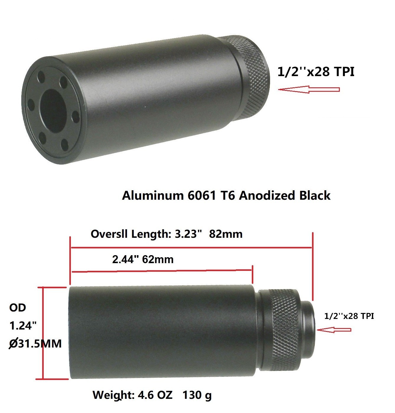 Low Concussion Muzzle Brake 3.2 inch 1/2x28 TPI Thread 223/556 Black Compensator