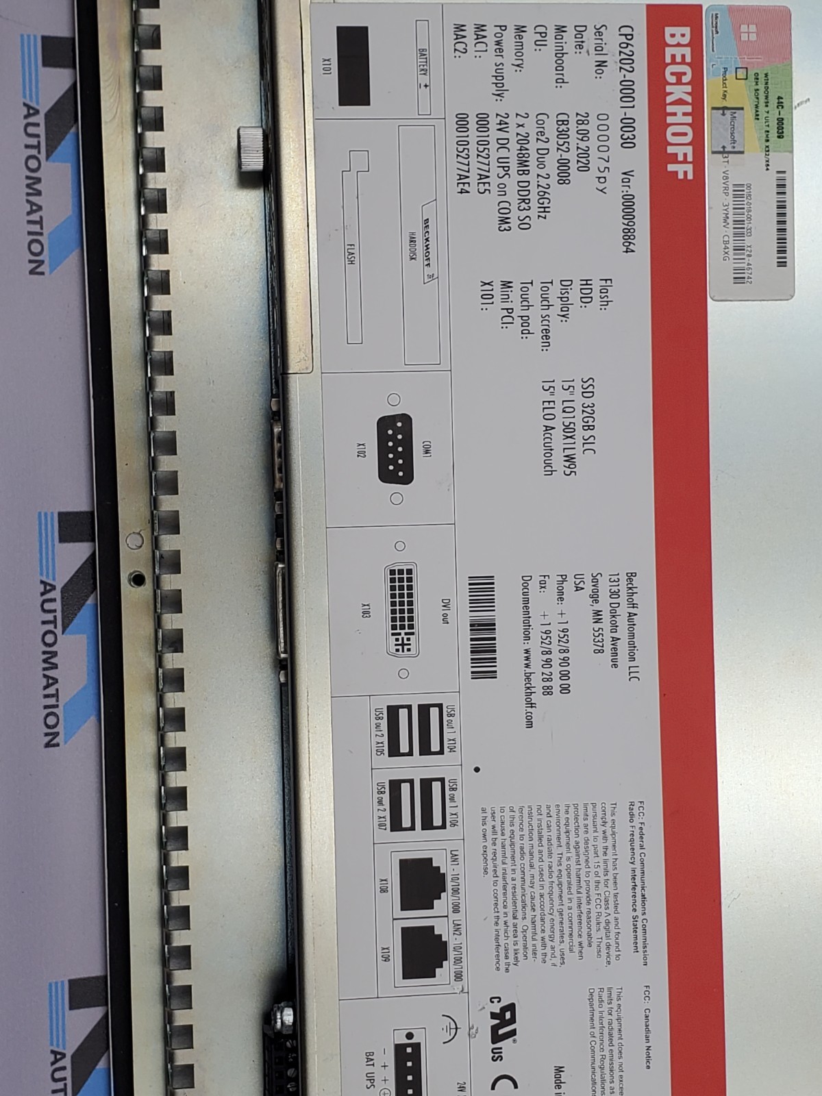 BECKHOFF CP6202-0001-0030 Computer Panel 15" Touch Screen CPU Core2Duo Windows7