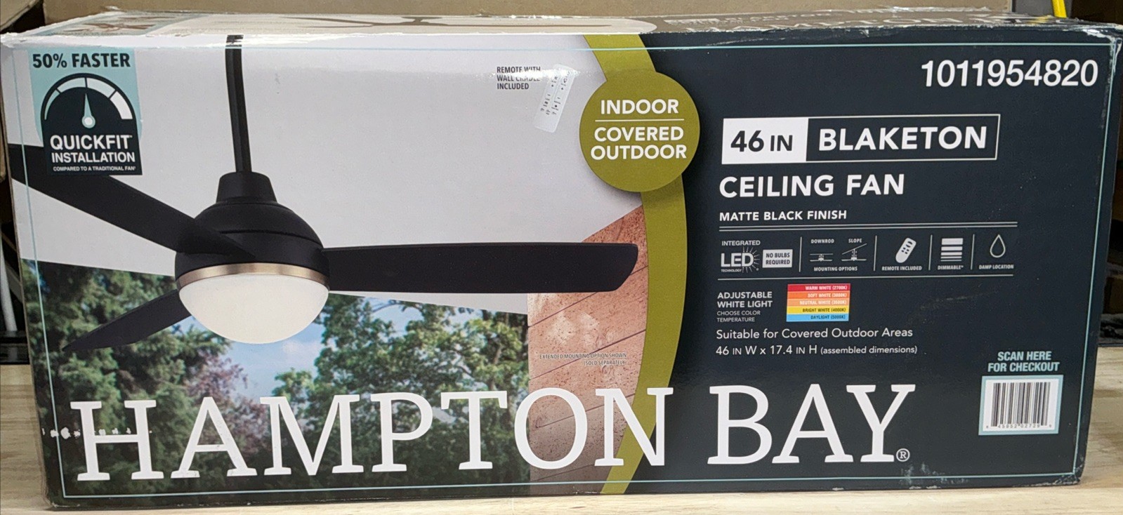 Hampton Bay Blaketon 46 in. Matte Black Ceiling Fan with Integrated LED & Remote