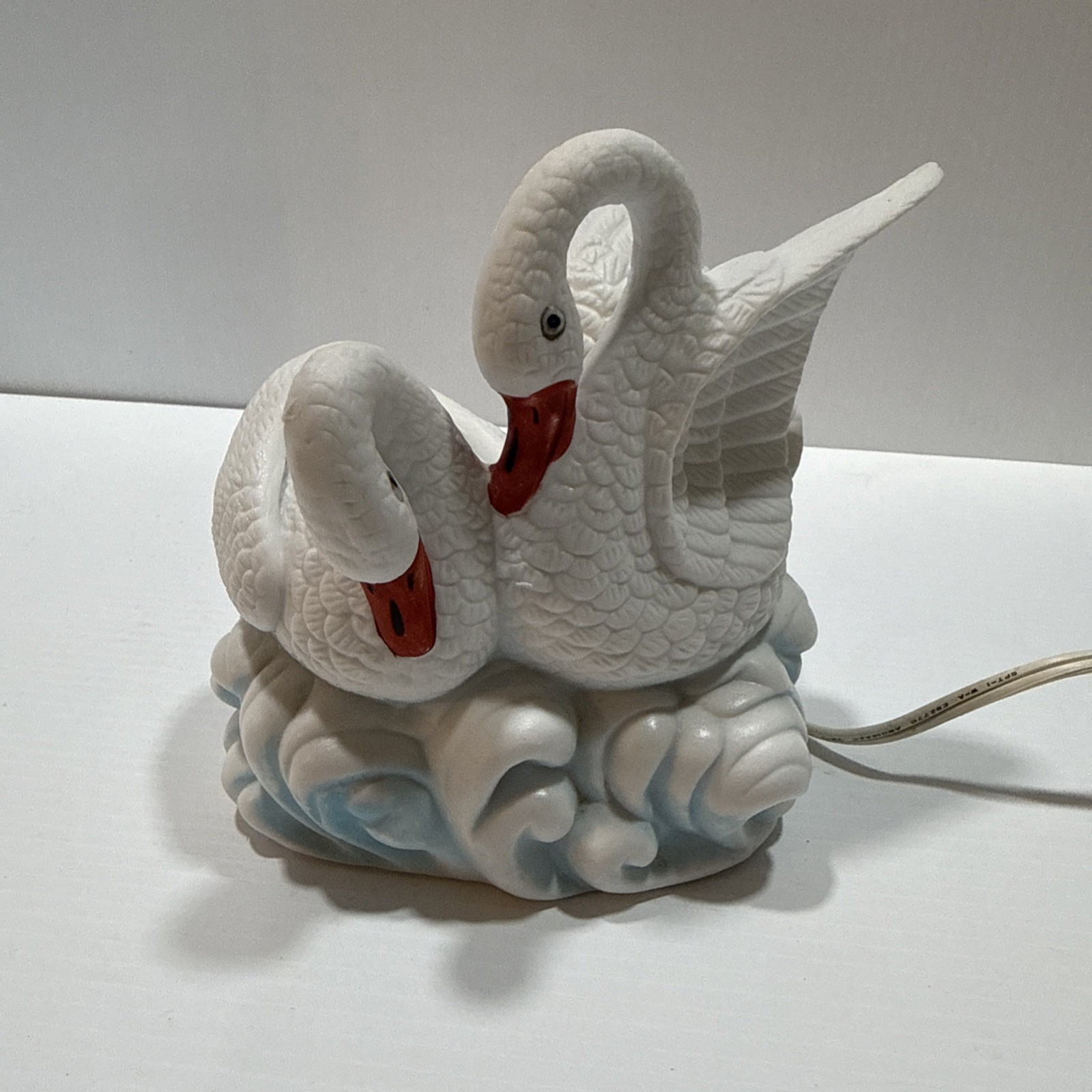 Swans Lamp Figurine Shelf, Table, Night  Light-Electric Switch Vtg. Porcelain