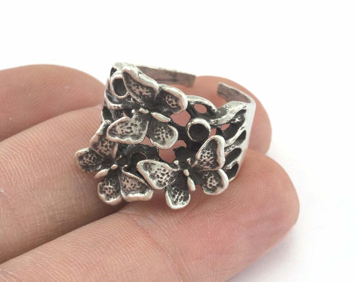 Ring Butterflies Adjustable Ring Bezel - Antique silver plated brass 8US 2733