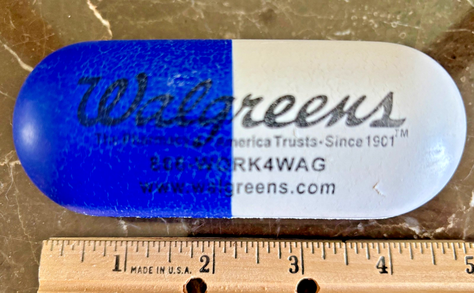 Walgreens Hand Grip Exerciser Advertising Item shaped like Med. Capsule Blue/Wht
