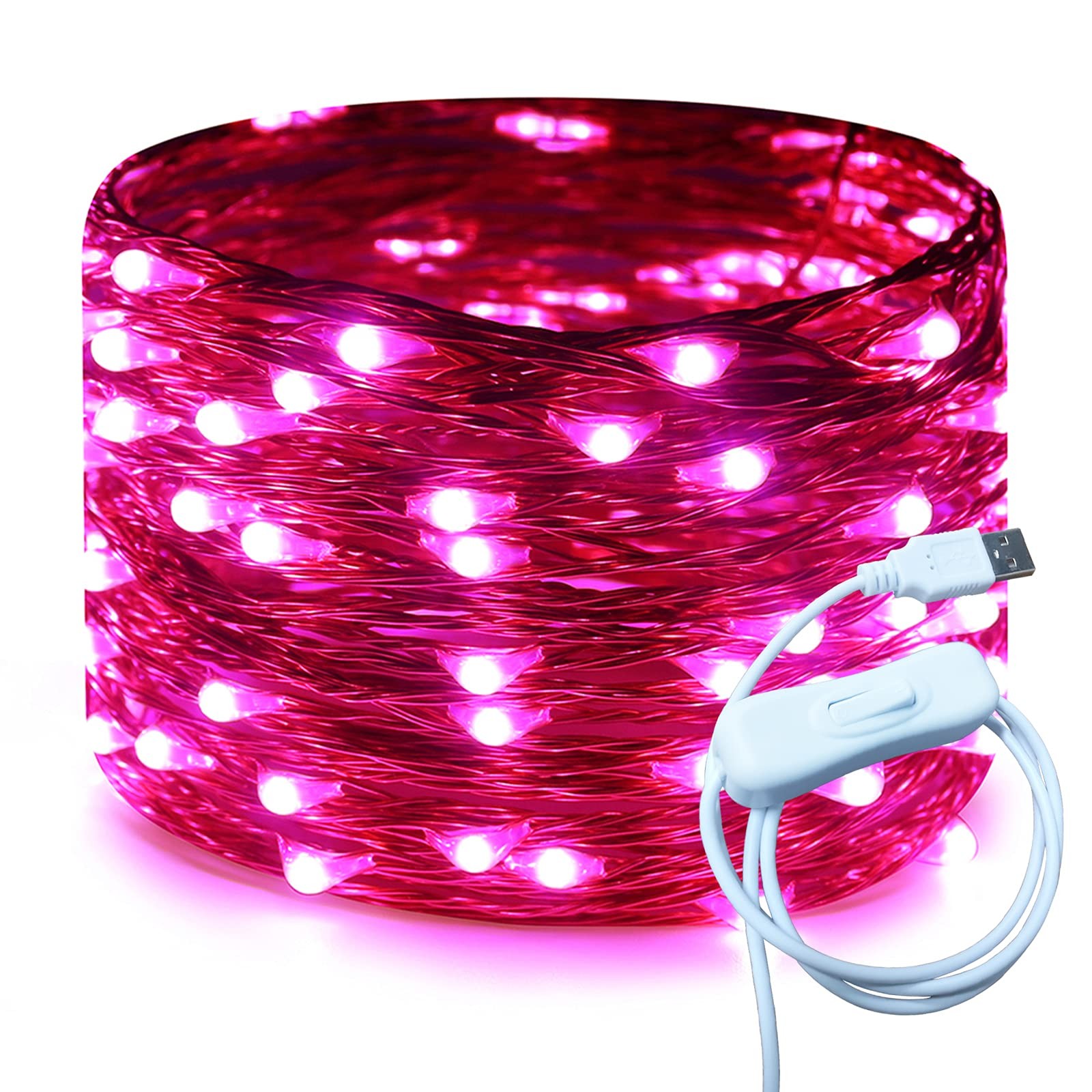 Copper Wire 33 Ft 100 LED USB Fairy String Lights with Pink 33Ft 100LED-1 Pack