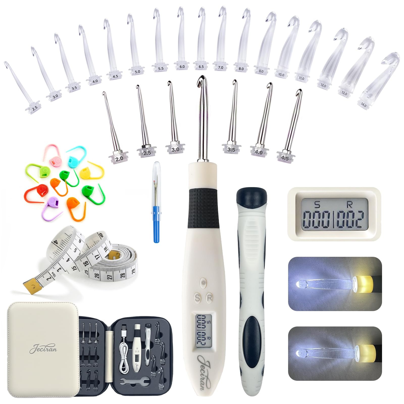 24 in 1 Light Up Crochet Hook Set,Lighted Crochet Hooks with Counter,Counting...