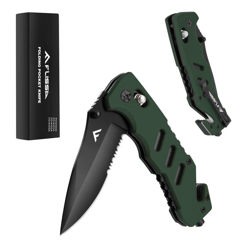 FLISSA Survival Knife Folding Pocket Knife Glass Breaker Seatbelt Cutter w/Clips