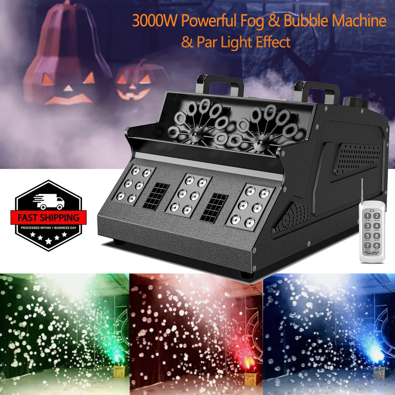 3000W DMX Smoke Fog Bubble Machine RGB LED Lamp Halloween Stage DJ Fogger Blower