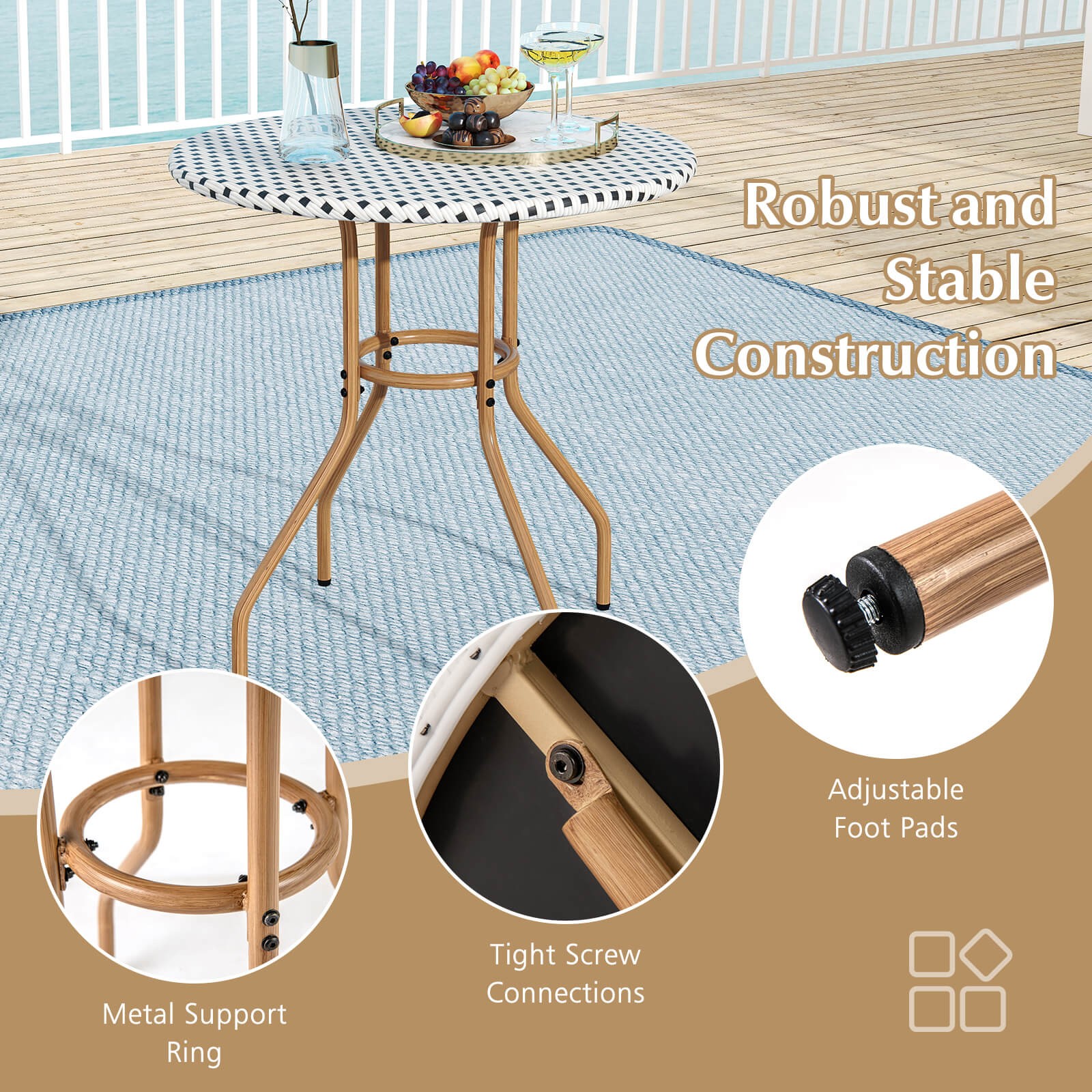 27.5" Round Patio Table w/Hand-Woven PE Rattan Tabletop and Metal Frame