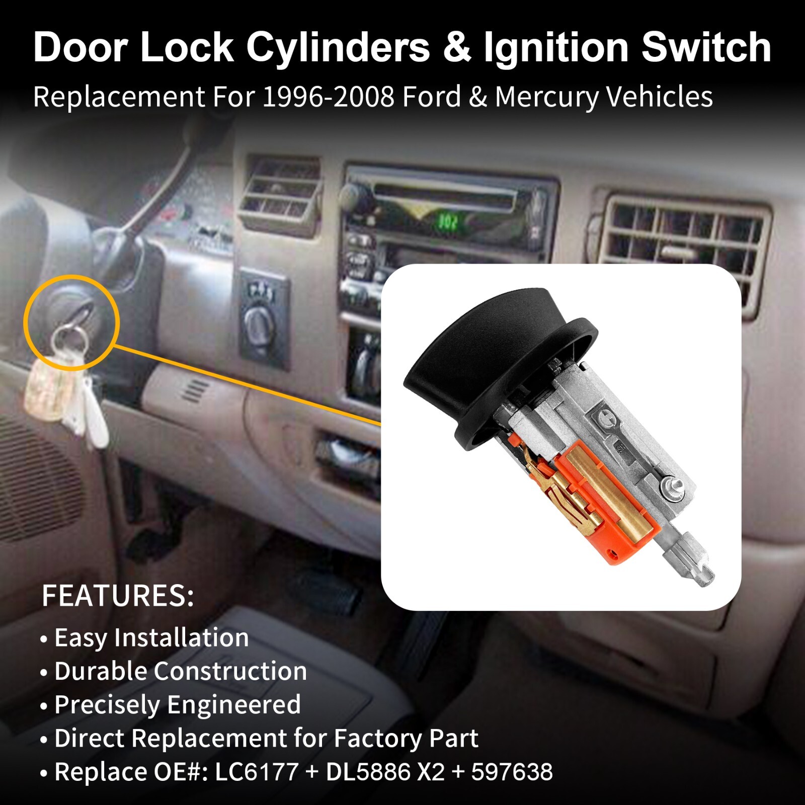 Door Lock Cylinders & Ignition Switch w/ Keys for 1996-2008 Ford E150/250/350