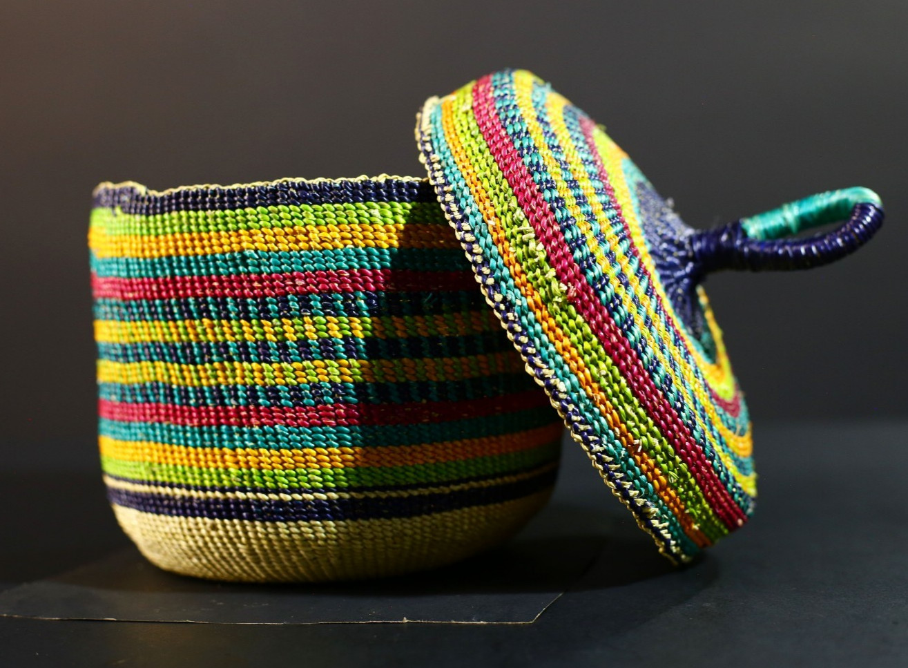 Handwoven African Bolga Basket with Lid Colorful Ghana Storage Basket-G5710