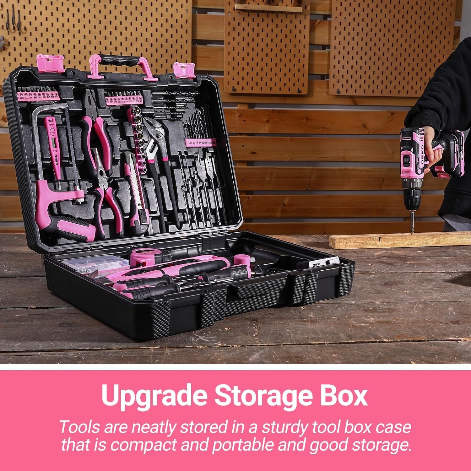 Pink Power Drill Tool Kit Set: 20V Cordless Electric Drill, Driver, Tool Box ...