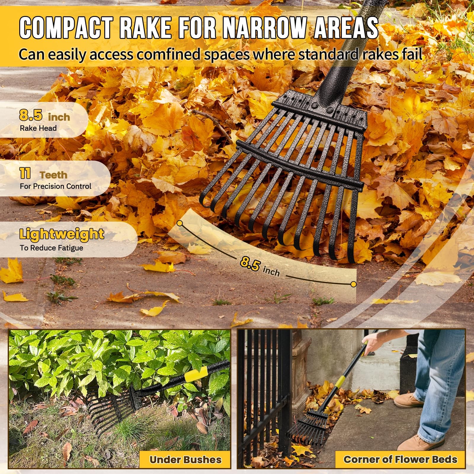 Leaf Rake, Small Rake for Leaves with 30-75 Adjustable Long Handle, 11 Tines ...