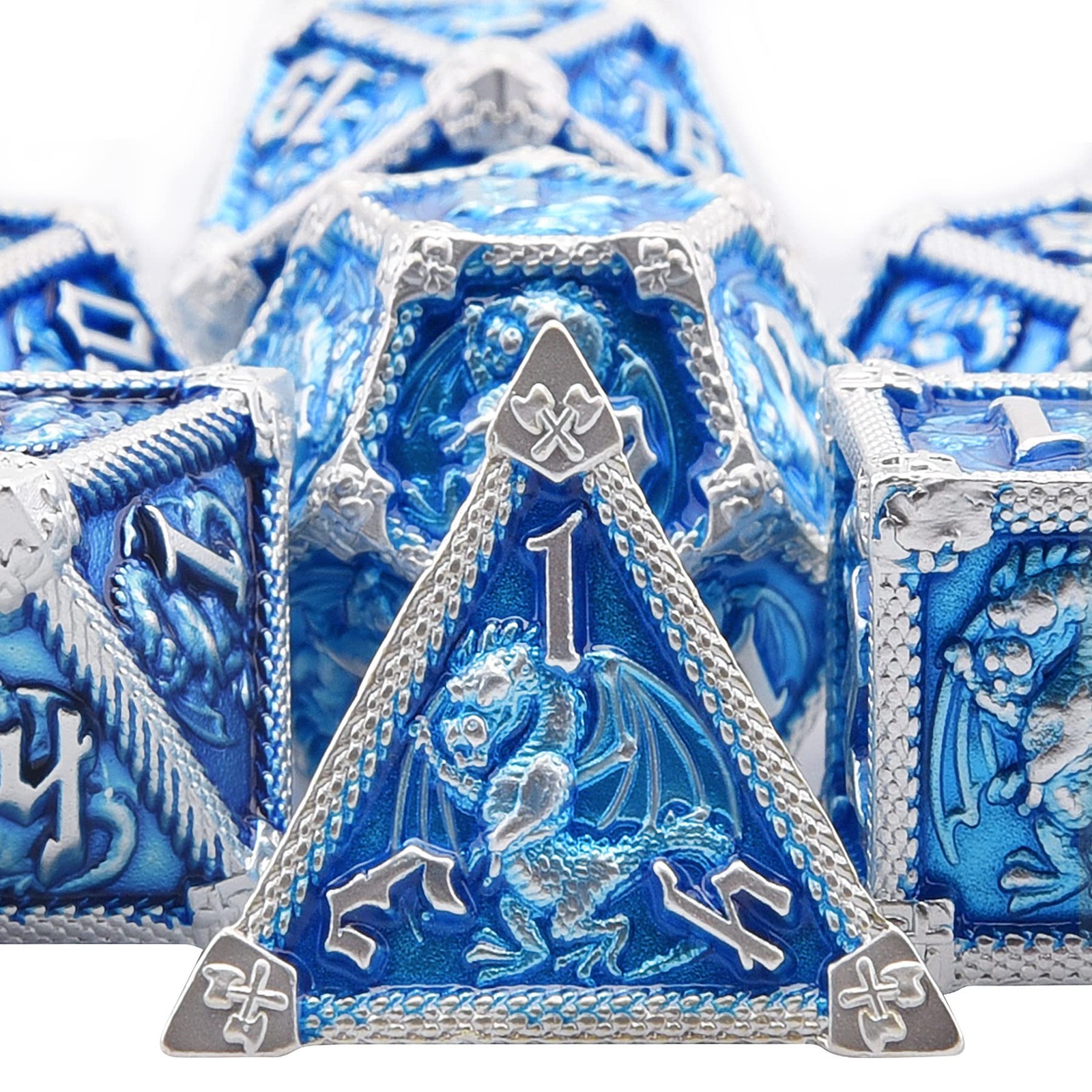 7-Piece Metal DND Dice Set Sky Blue Silver Edge 16-25mm for RPG Board Games