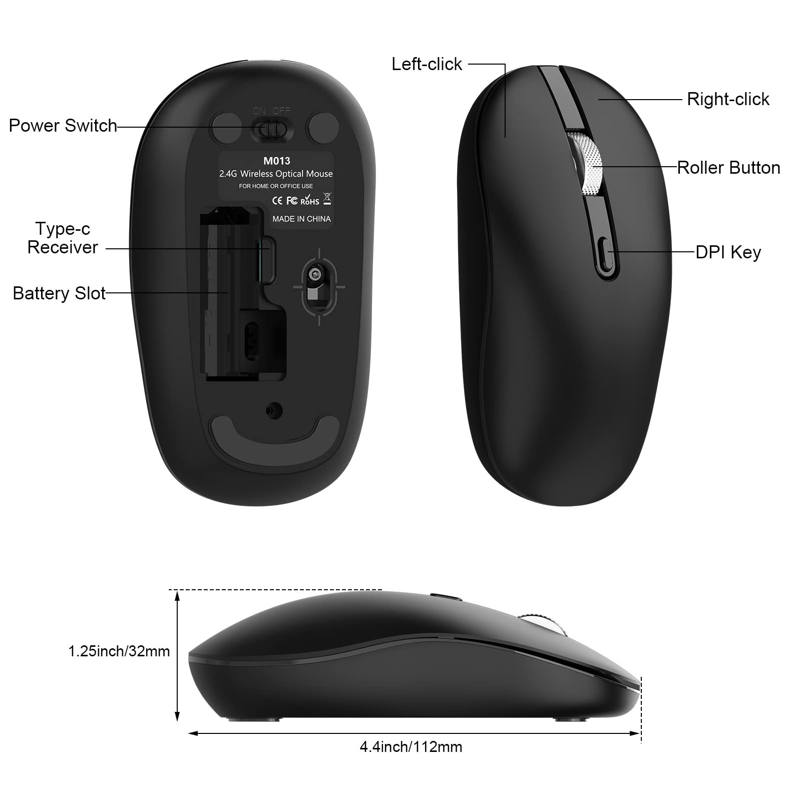 Type C Wireless Mouse, USB C Mice 2.4G Silent Cordless with Type C Receiver, ...