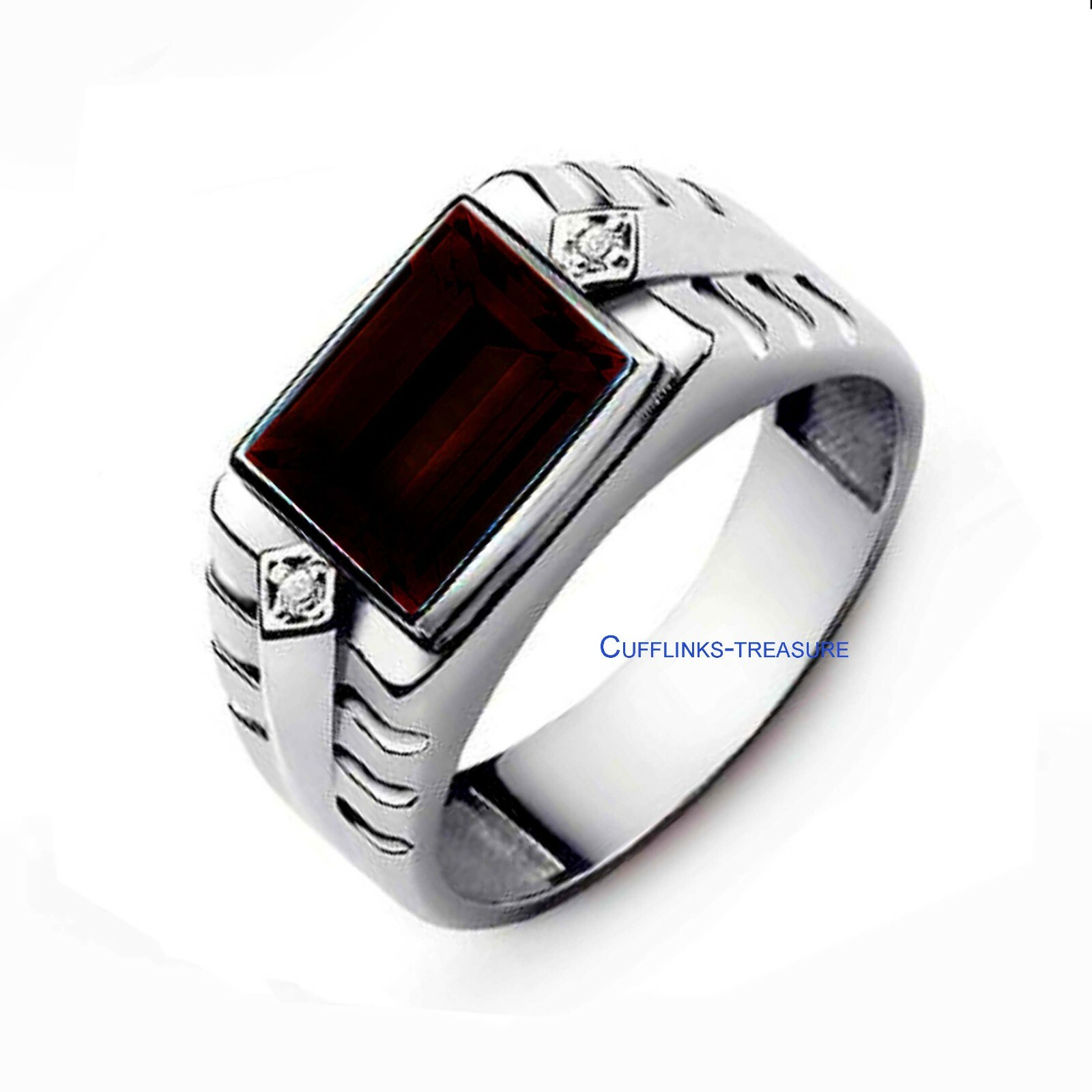 Natural Garnet & CZ Gemstones With  925 Sterling Silver Ring For Men's #C6559