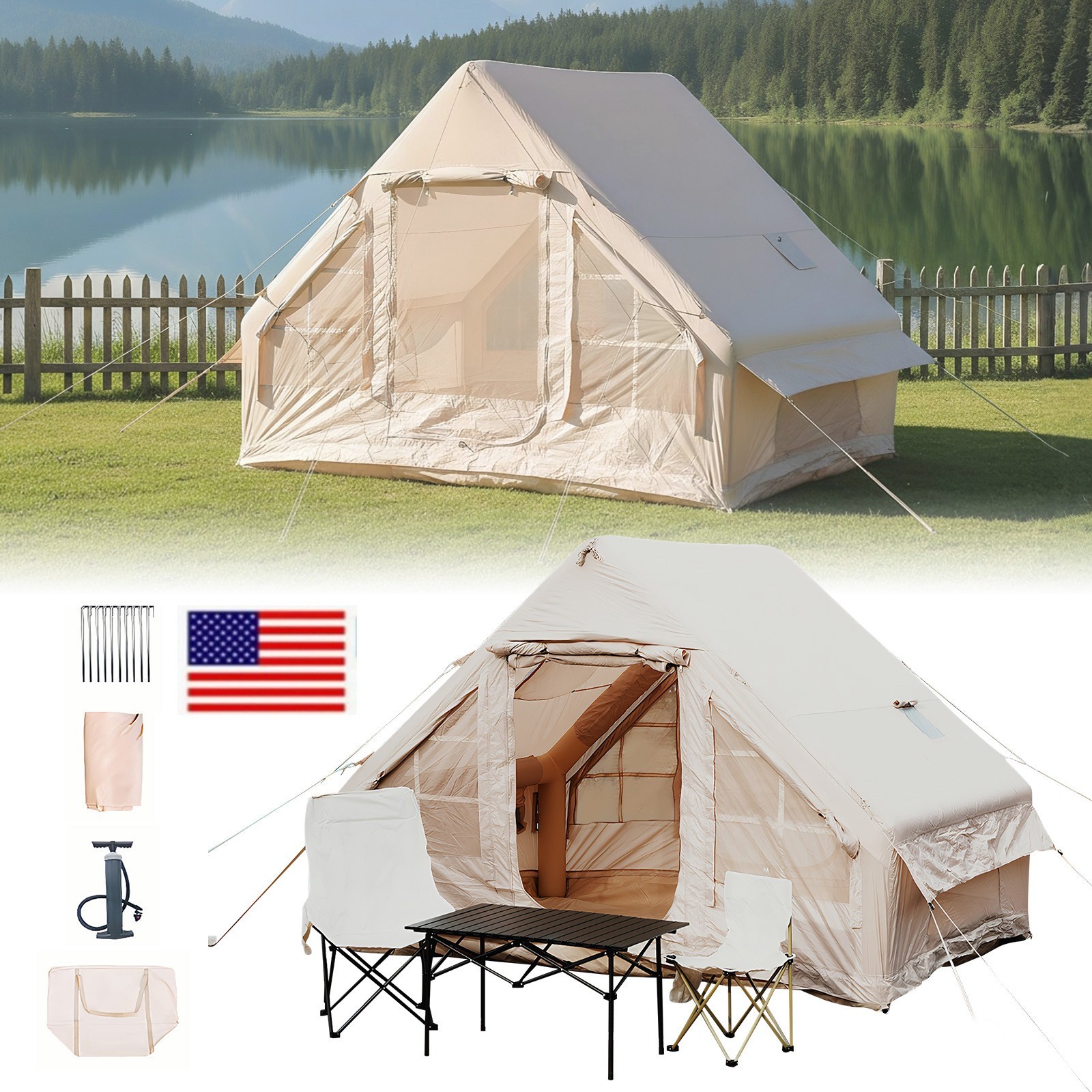 Inflatable Camping Tent with Pump Glamping Camping Tents House for 4 Seasons