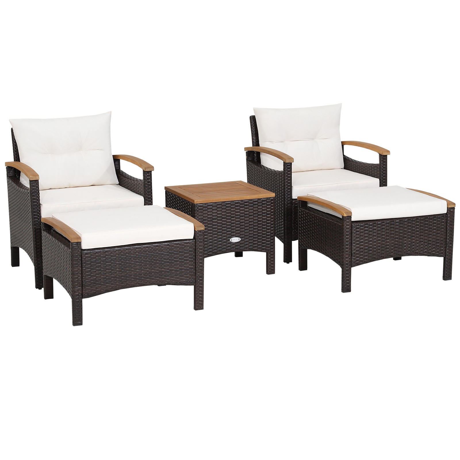 Patiojoy Outdoor Patio 5PCS Rattan Conversation Furniture Set Acacia Wood Frame