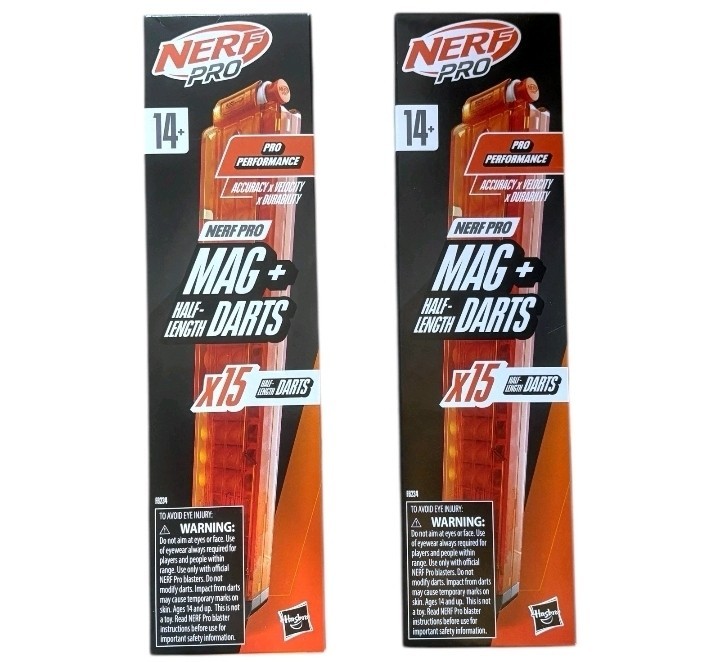 Nerf Pro Mag Plus Half-Length Dart Magazine Refill 15 Darts Brand New TWO