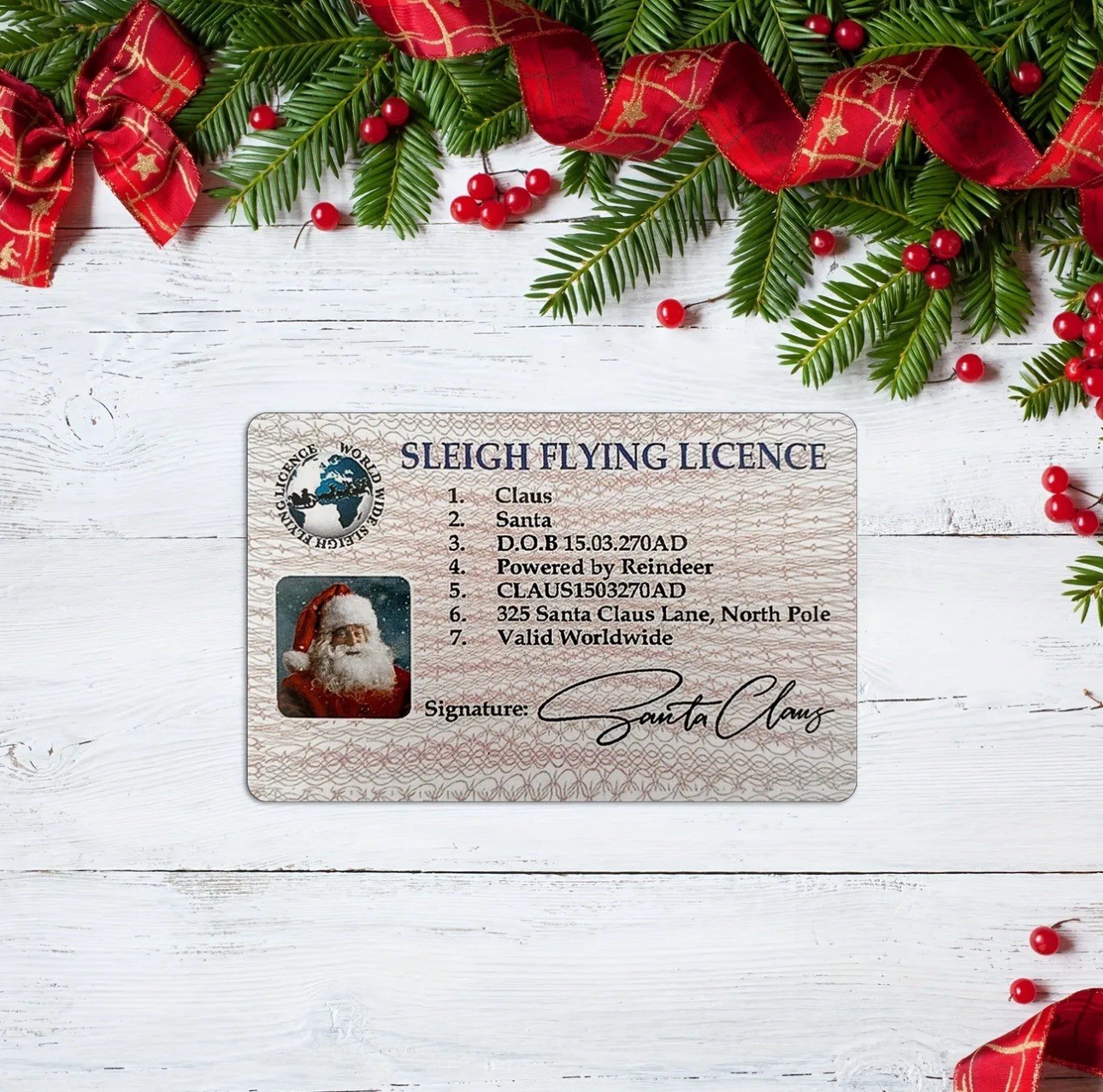 NOVELTY SANTA CLAUS SLEIGH FLYING DRIVERS LICENSE CHRISTMAS PRANK GAG GIFT