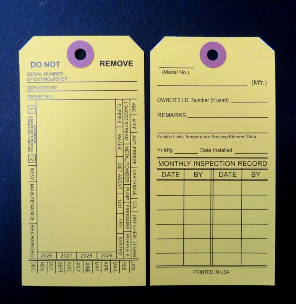 100-FIRE EXTINGUISHER DOUBLESIDE INSPECTION TAGS 2026-2029 5 1/4 X2 ½ W/FASTENRS