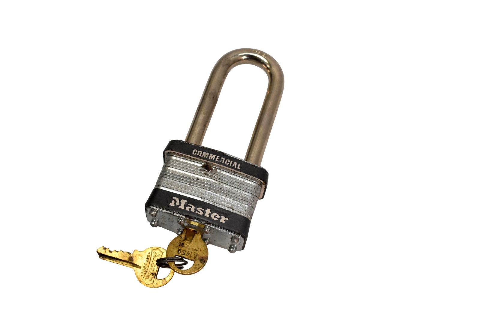 Master Lock Commercial Padlock Keyed Long Shackle Silver Steel Brass W 2 Keys