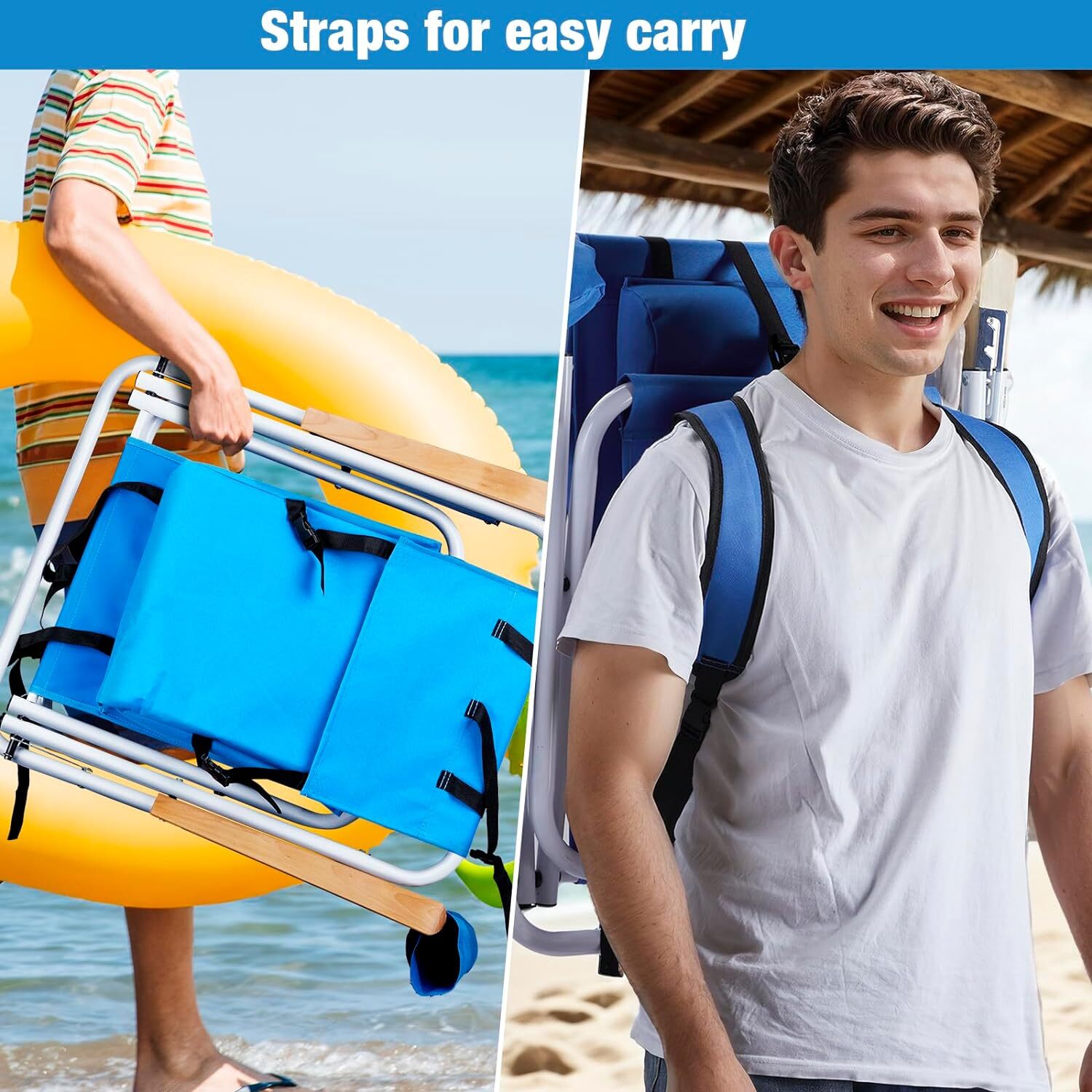 Folding Beach Chair Adjustable Headrest 4Flexible Tilt Angle Cup Holder Portable