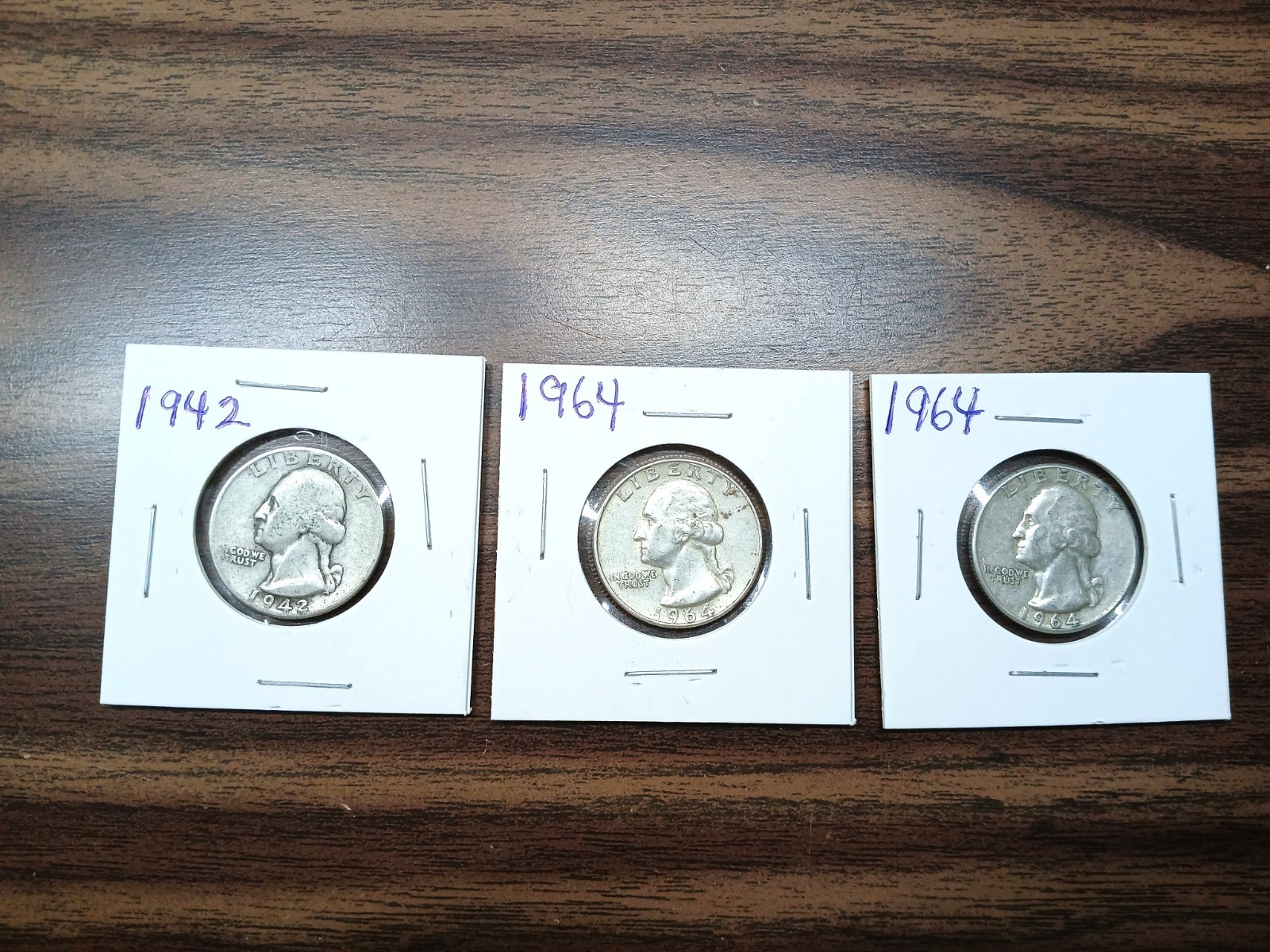 1942, 1964, 1964 Washington Silver Quarter Lot (3 Coins) – 90% Silver nice Circu