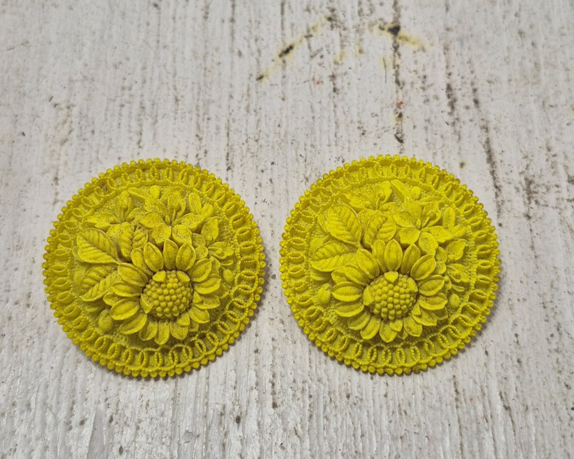 Vintage Clip On Earrings Pair Yellow Sunflowers Bright Painted Chunky Round