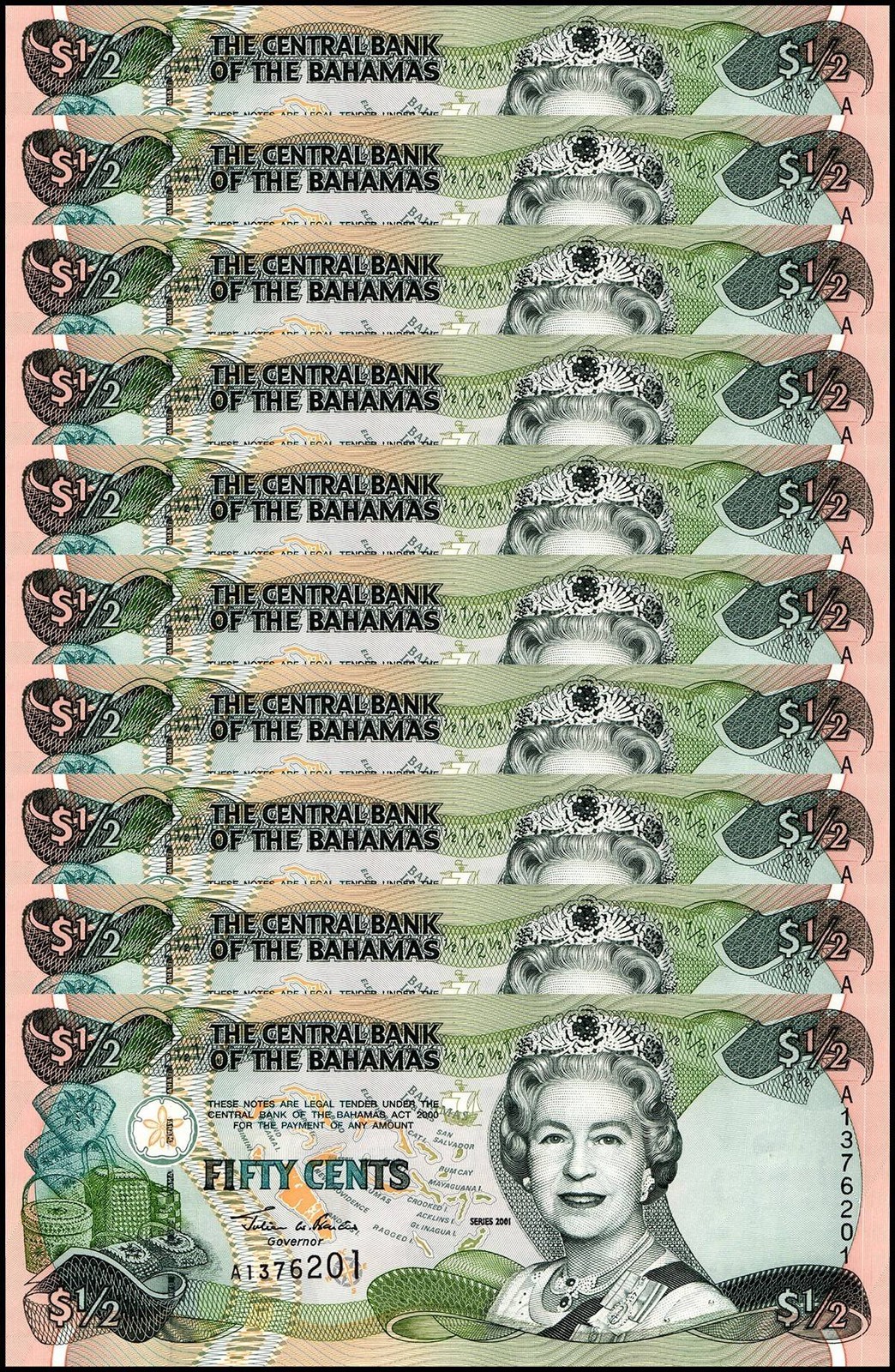 Bahamas 1/2 Dollar, 2001, P-68, UNC X 10 PCS