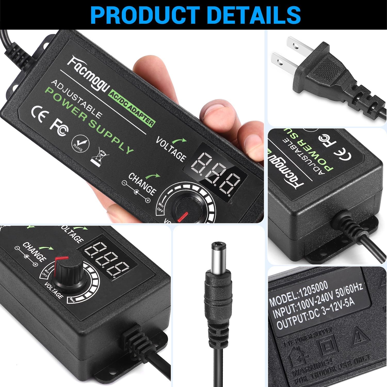 3V-12V 5A 60W Adjustable Power Supply with LED Display Variable DC 3V 5V 6V