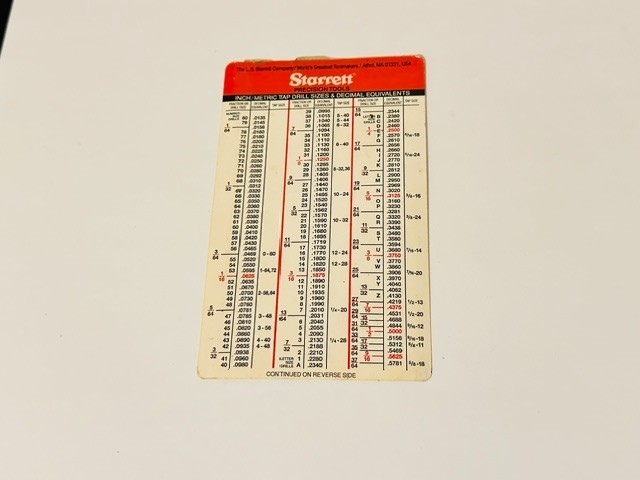 Starrett Calculator Chart Template - Tap Drill Sizes