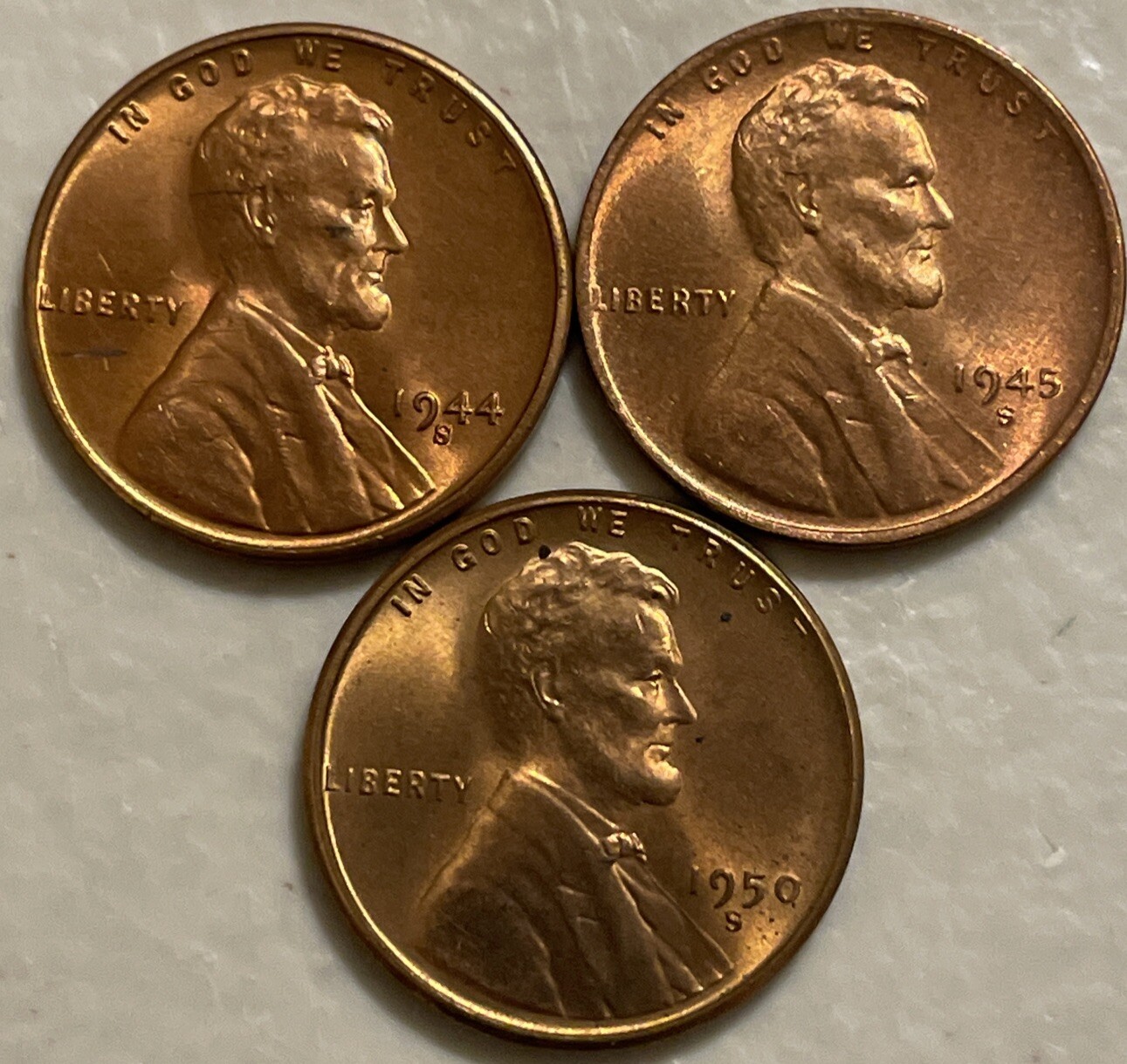 1944-S 1945-S 1950-S Three Uncirculated S Mint Wheat Pennies