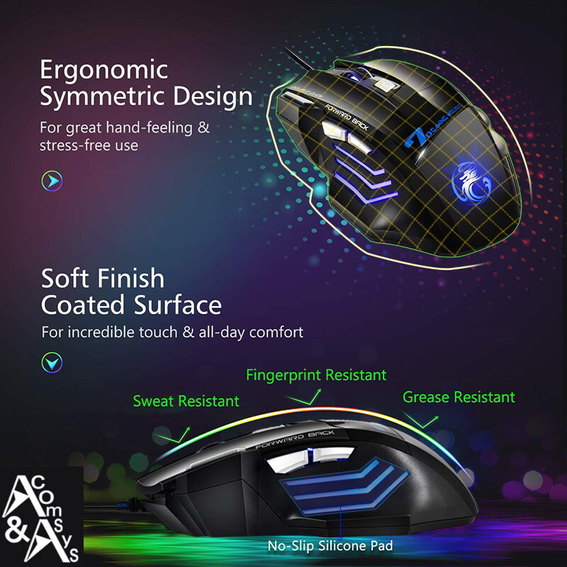 7 Button PC Gaming Mouse Illuminated Optical USB Gamer Mouse 2400DPI Computer #G