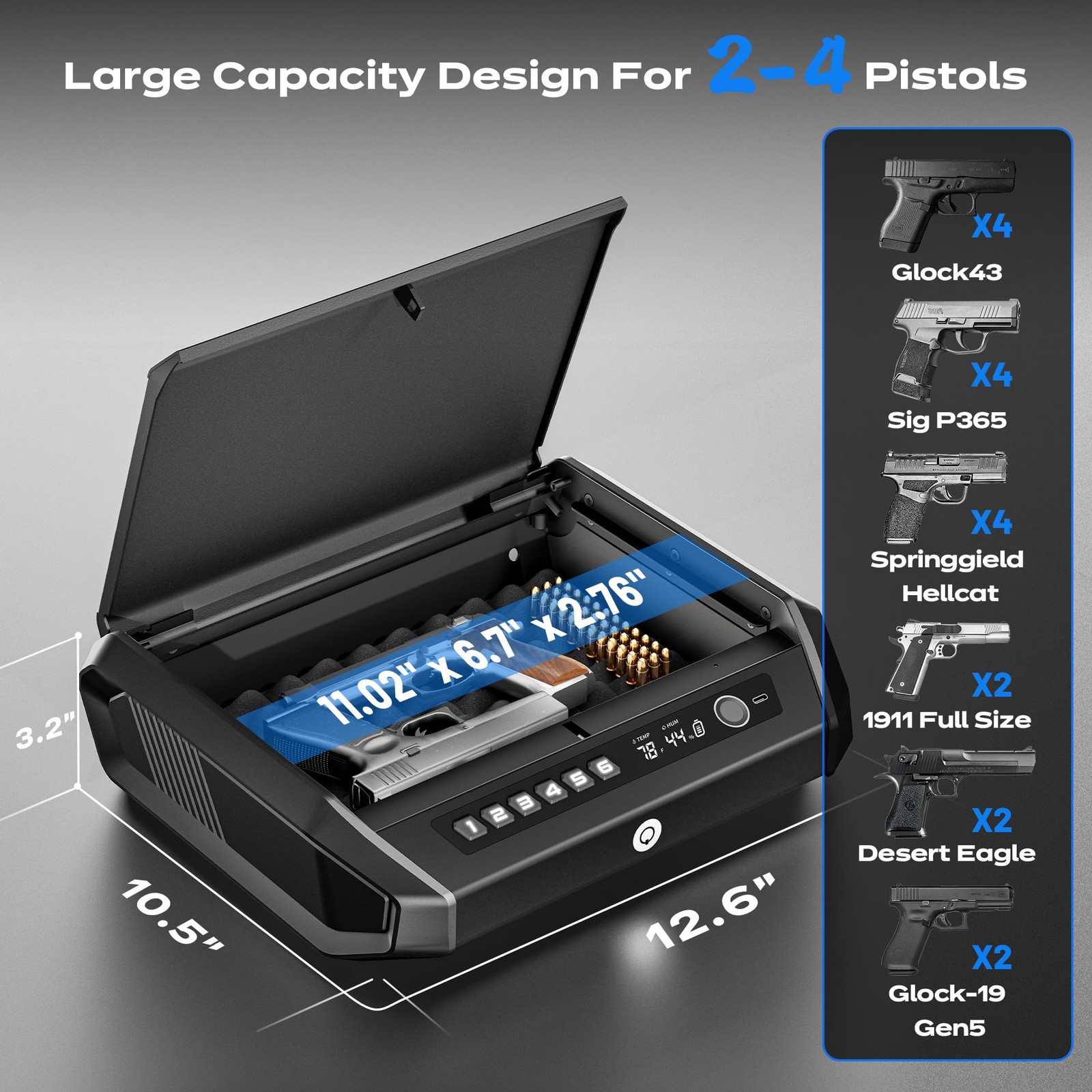 Handgun Safe with LCD Display Quick Access for 2-4 Pistols Fingerprint Keypad