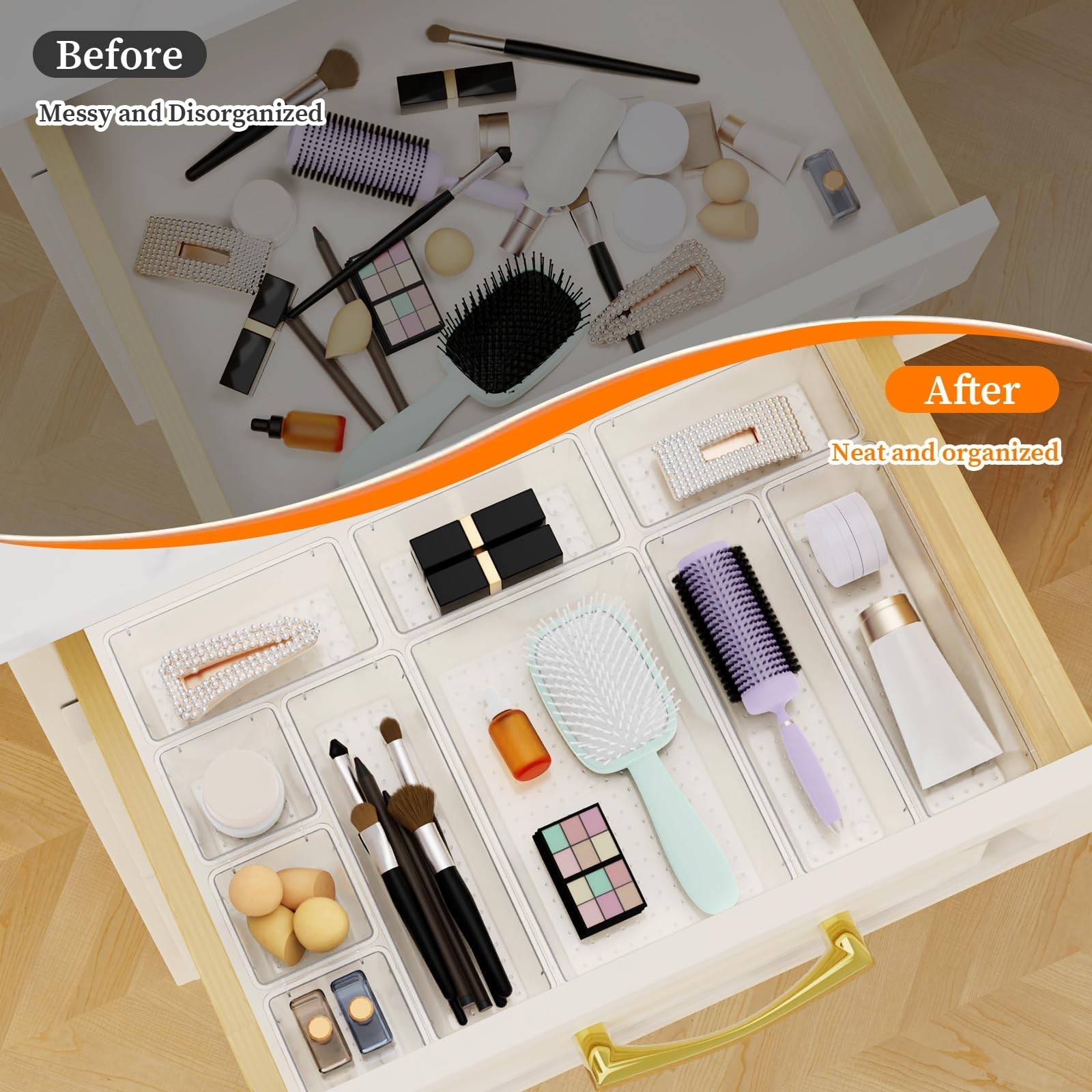 StorMiracle 32 PCS Clear Plastic Drawer Organizer Set, 4-Size vanity