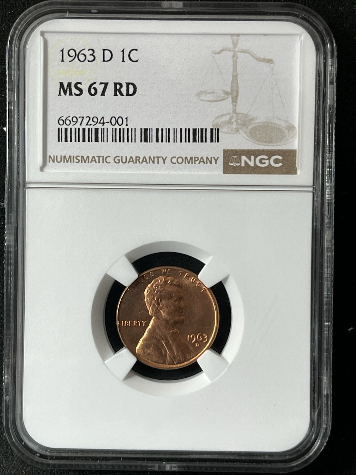 1963-D 1C RD Lincoln Memorial One Cent  NGC MS67RD  6697294-001