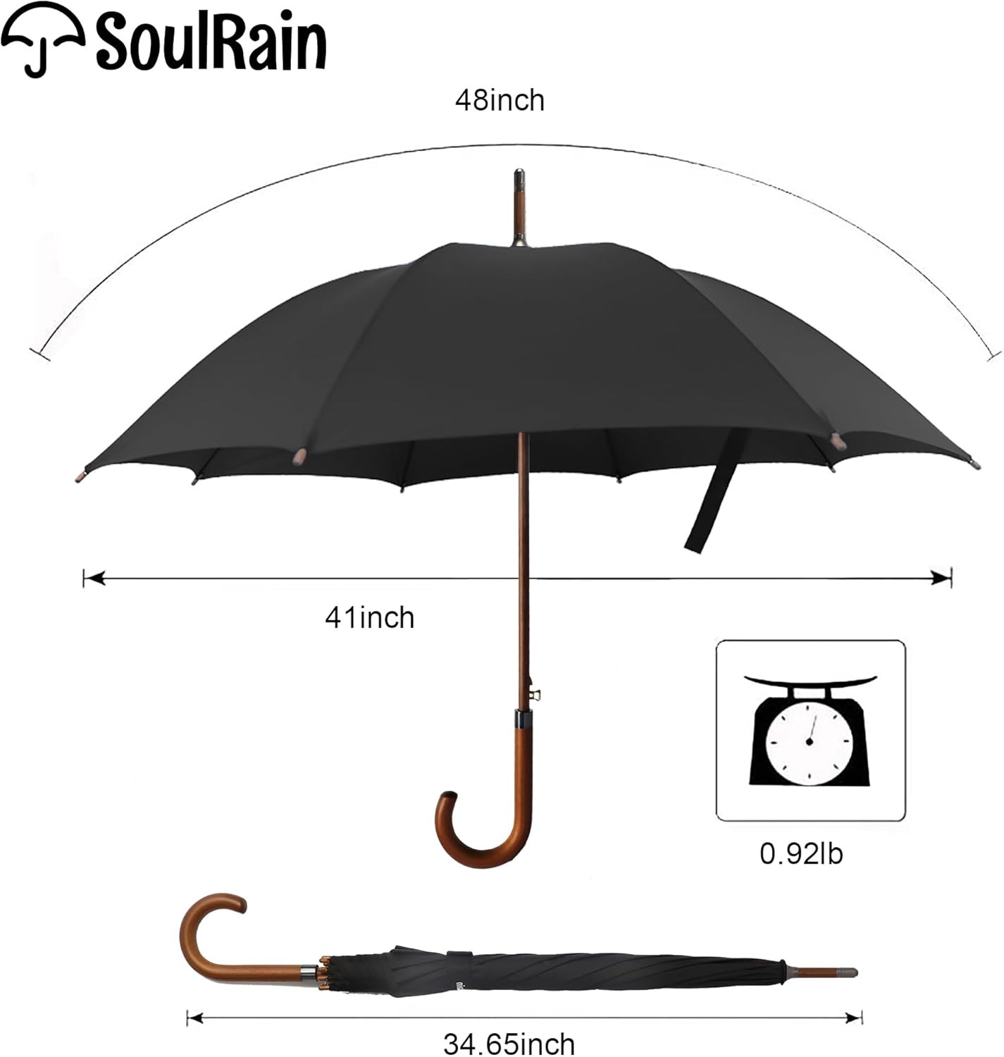 48" Black Umbrella – Stick Windproof Large Umbrellas for Rain, Automatic Open fo